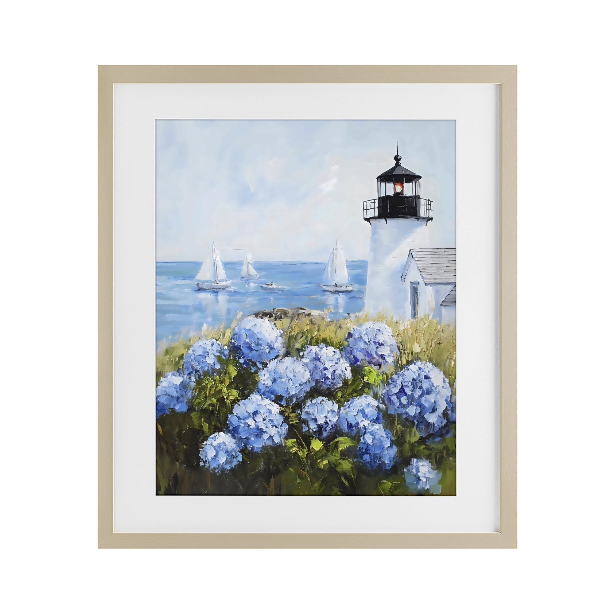 Stupell Industries Lighthouse Surrounded by Hydrangeas Birch Framed Print Under Glass, design by Arlington Prints