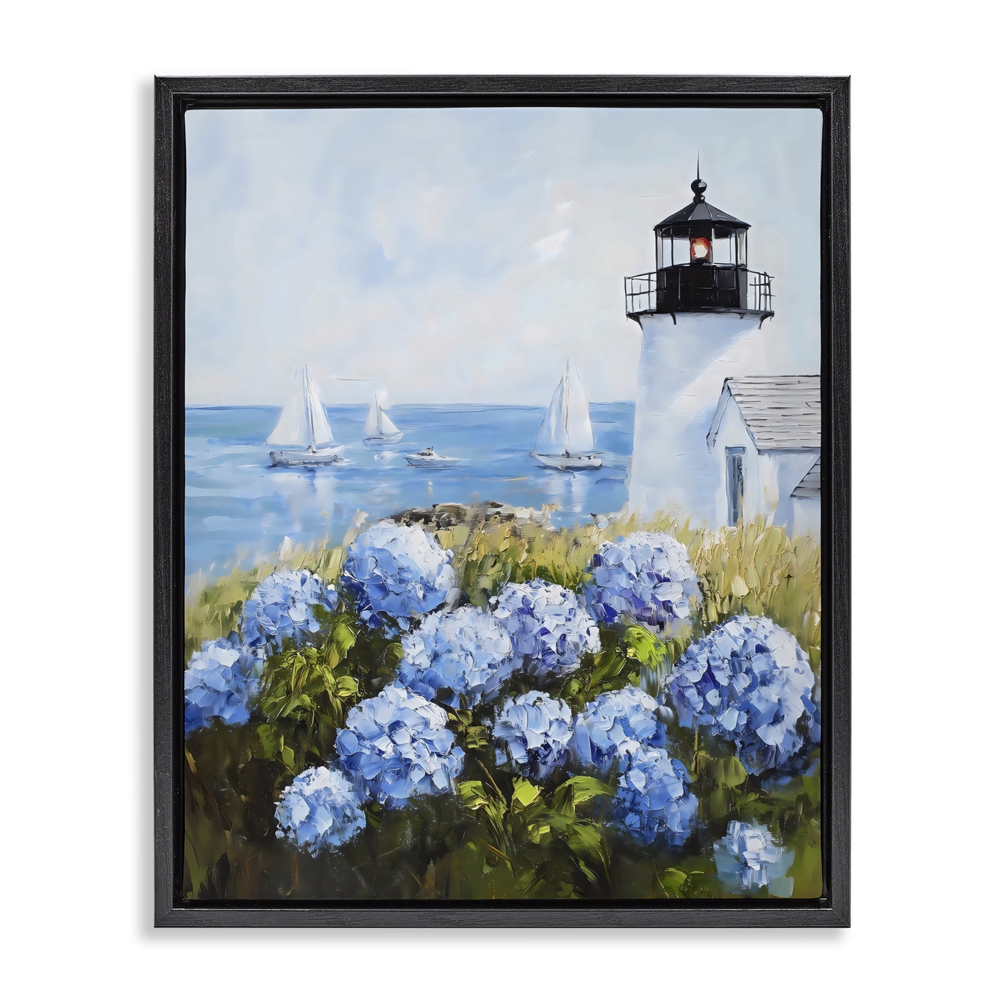 Stupell Industries Lighthouse Surrounded by Hydrangeas Black Framed Floater Canvas Wall Art, design by Arlington Prints