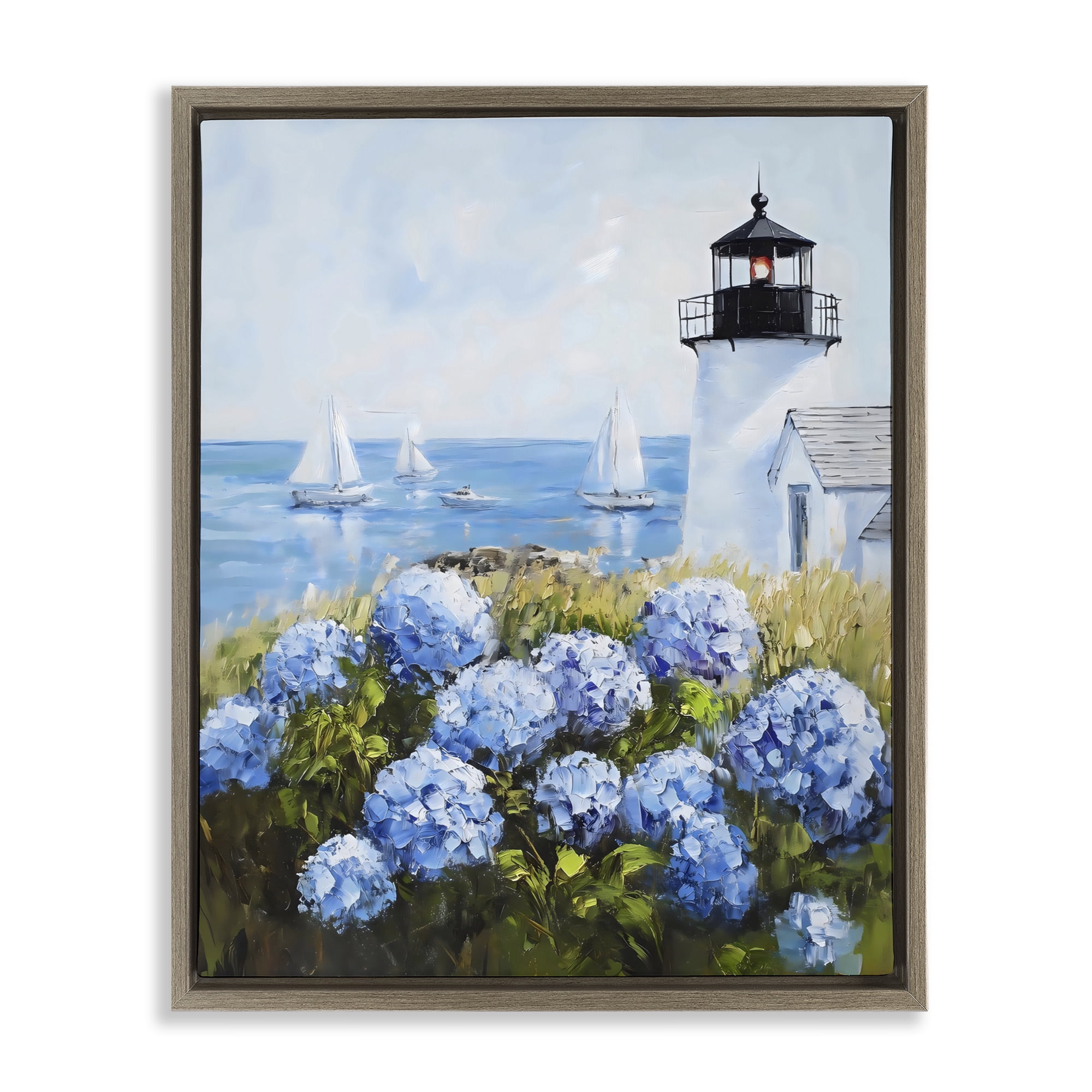 Stupell Industries Lighthouse Surrounded by Hydrangeas Brown Framed Floater Canvas Wall Art, design by Arlington Prints