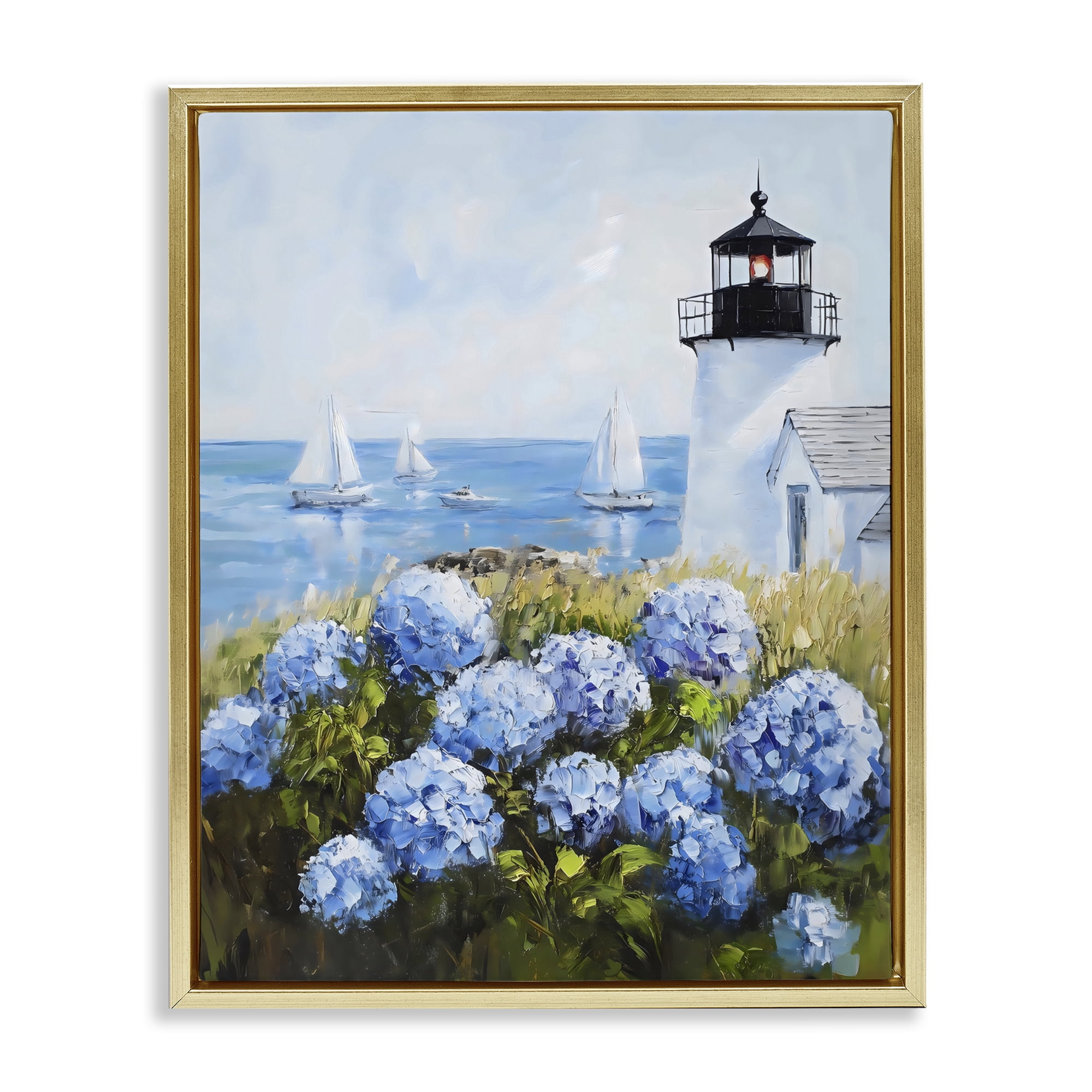 Stupell Industries Lighthouse Surrounded by Hydrangeas Gold Framed Floater Canvas Wall Art, design by Arlington Prints