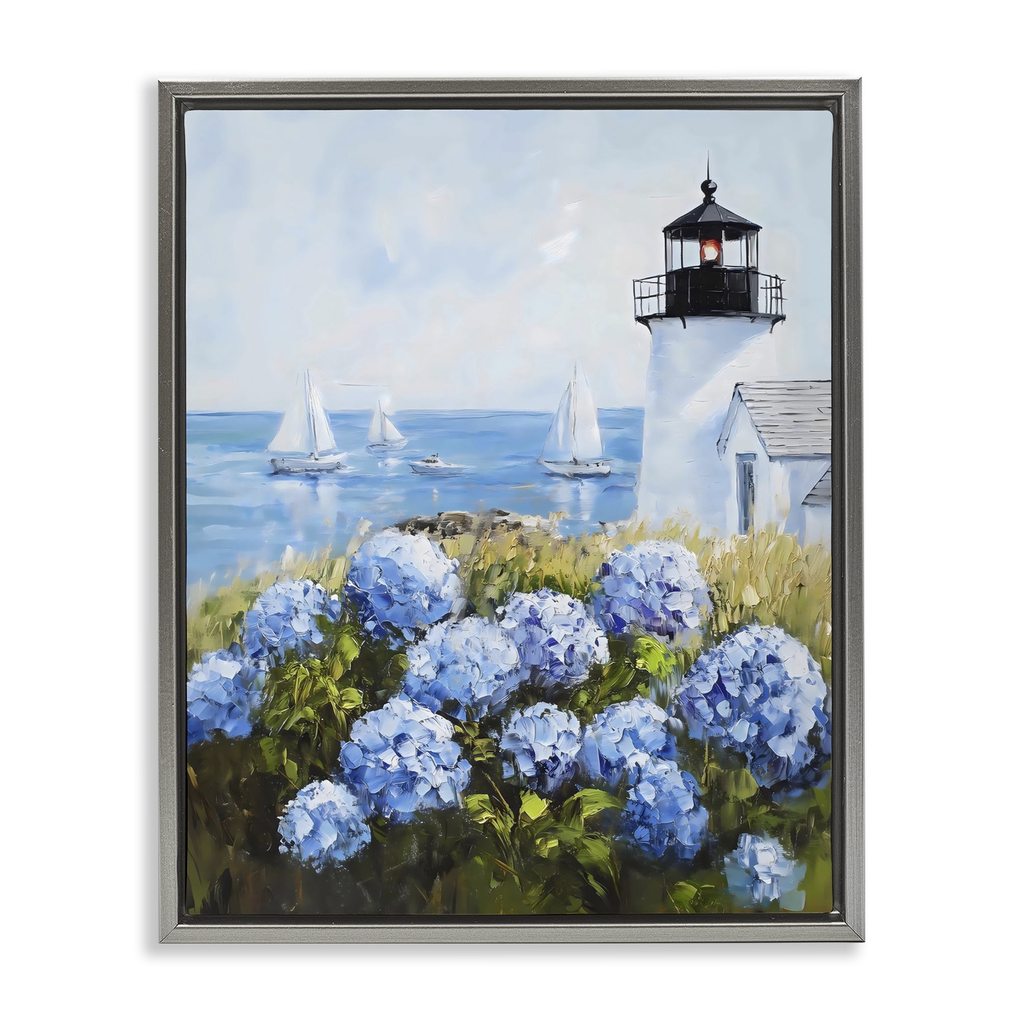Stupell Industries Lighthouse Surrounded by Hydrangeas Gray Framed Floater Canvas Wall Art, design by Arlington Prints