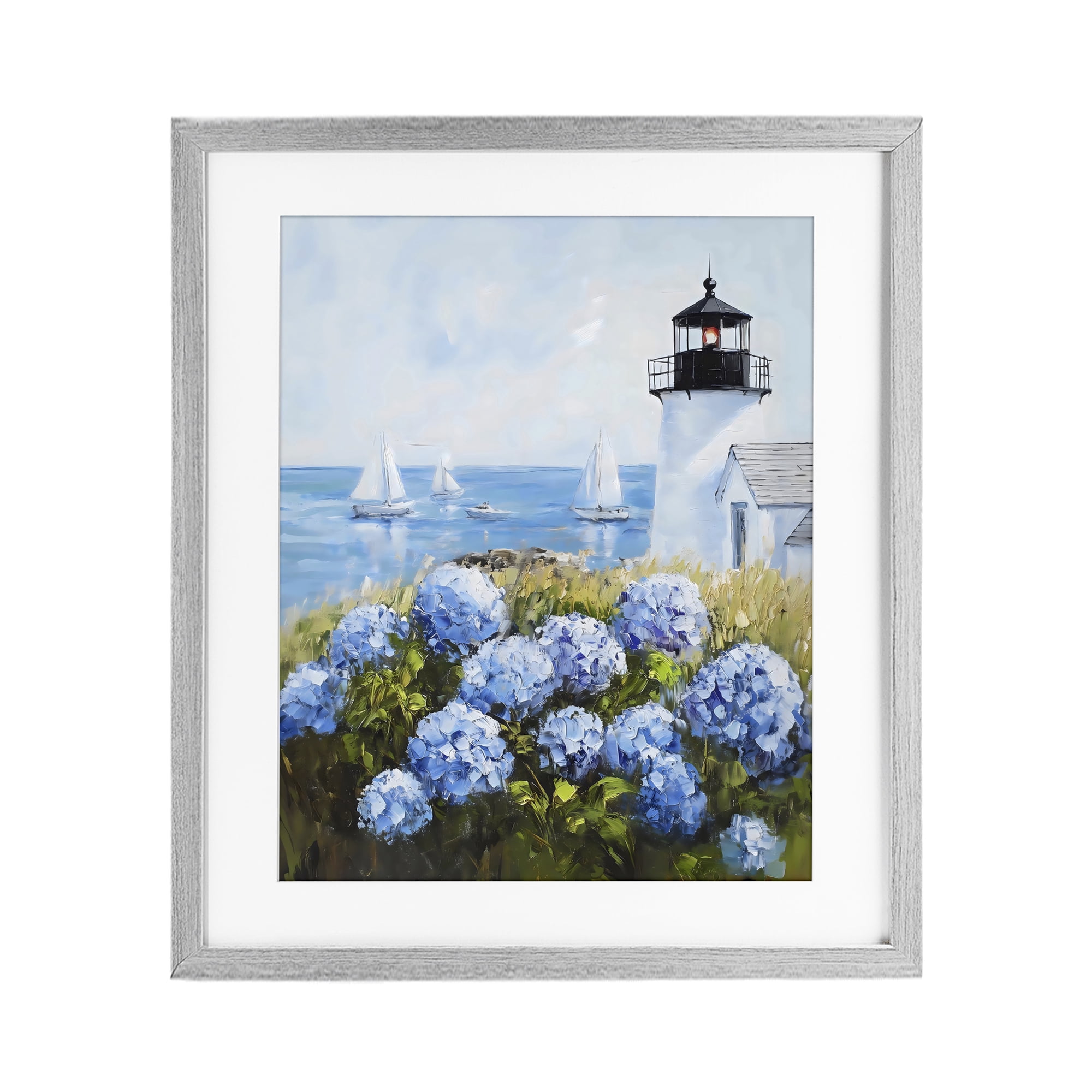 Stupell Industries Lighthouse Surrounded by Hydrangeas Gray Framed Print Under Glass, design by Arlington Prints