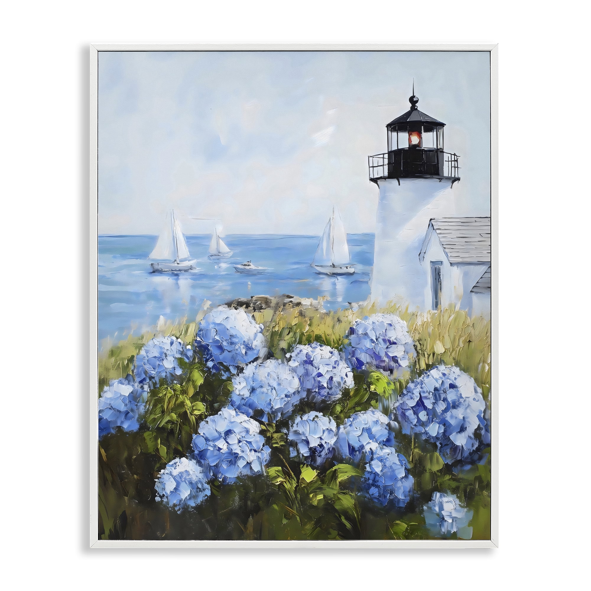Stupell Industries Lighthouse Surrounded by Hydrangeas White Framed Giclee Art, design by Arlington Prints