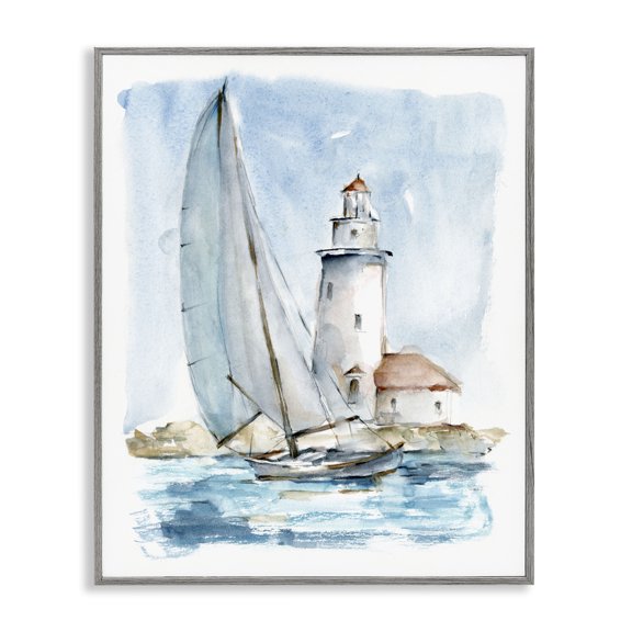 Stupell Industries Traditional Lighthouse Tower Beacon Sea Sail Boat Nautical Outdoors Gray Framed Giclee Art, 11 x 14, by Ethan Harper