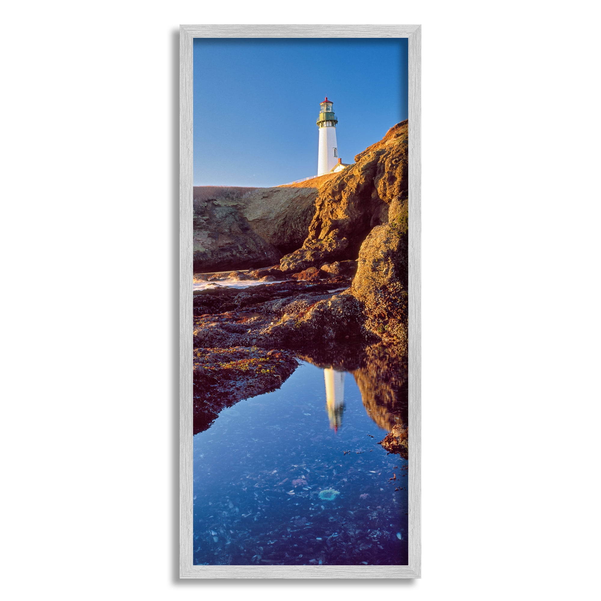 Stupell Industries Lighthouse Water Reflection Nature Photography Gray Framed Art Print Wall Art, 13 x 30