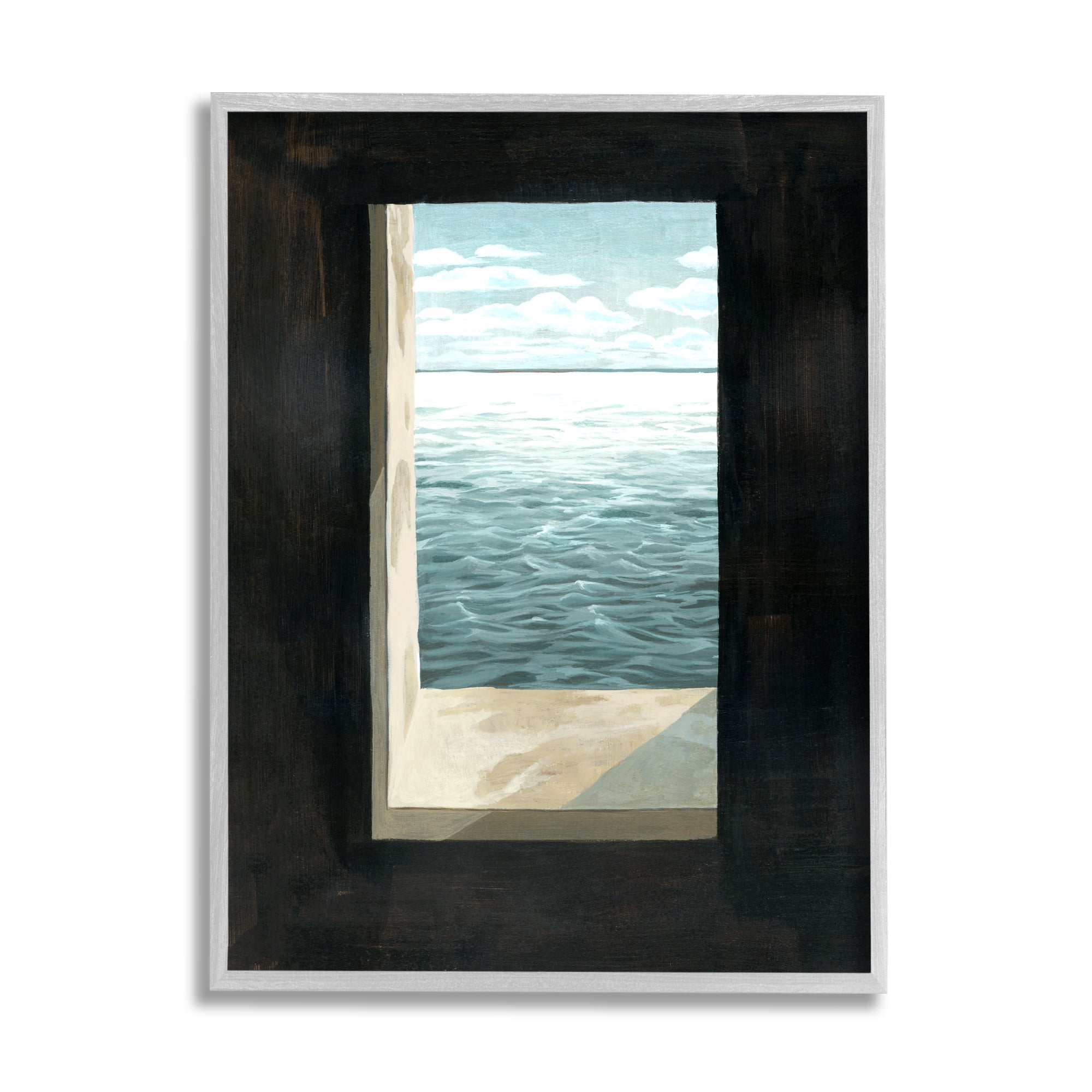 Stupell Industries Lighthouse Window Stormy Sky Nautical Ocean Waves Coastal Painting Gray Framed Art Print Wall Art, 11 x 14, Design by Grace Popp