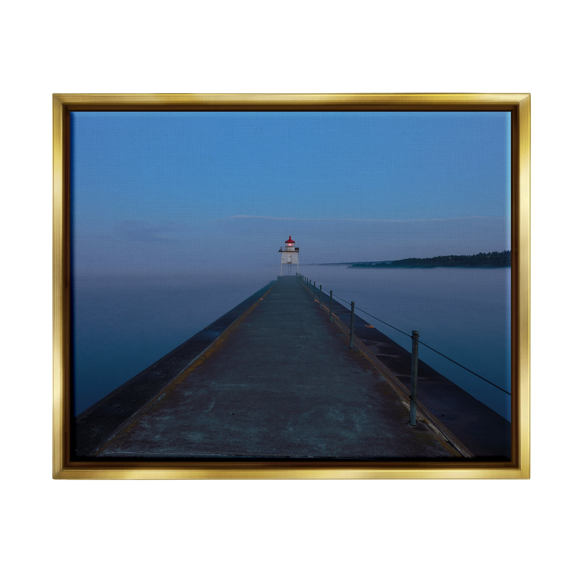 Stupell Industries Lighthouse at Night Landscape Photography Gold Floater Framed Canvas Art Print Wall Art, 31 x 25