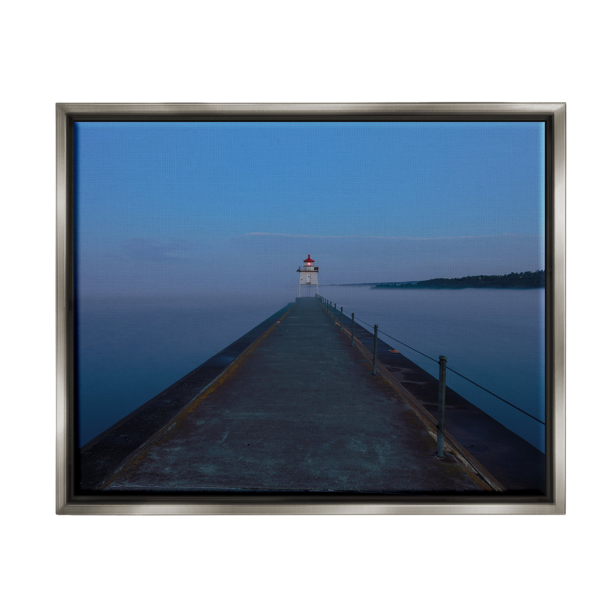 Stupell Industries Lighthouse at Night Landscape Photography Gray Floater Framed Canvas Art Print Wall Art, 21 x 17