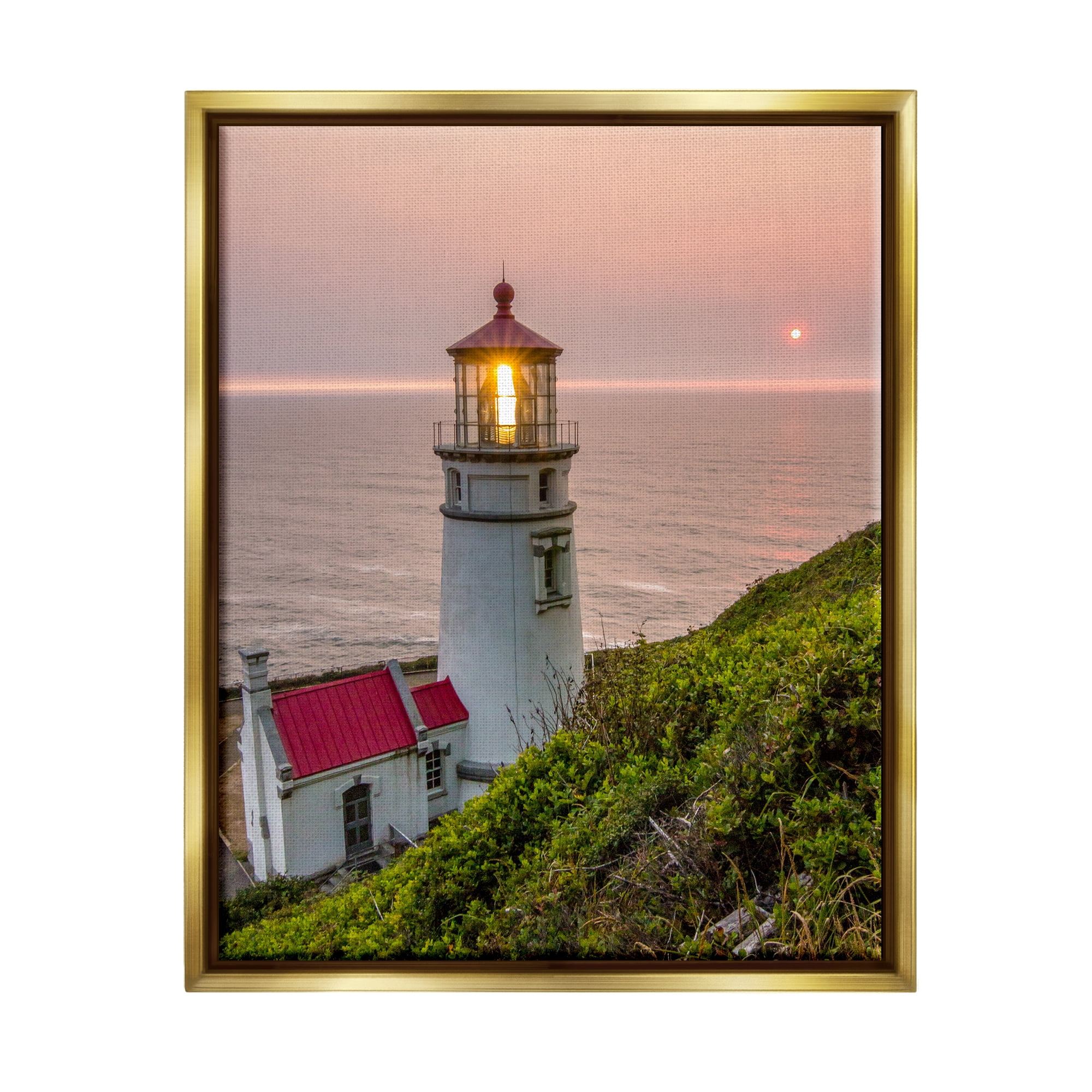 Stupell Industries Lighthouse at Sunset Nature Photography Gold Floater Framed Art Print Wall Art, 17 x 21