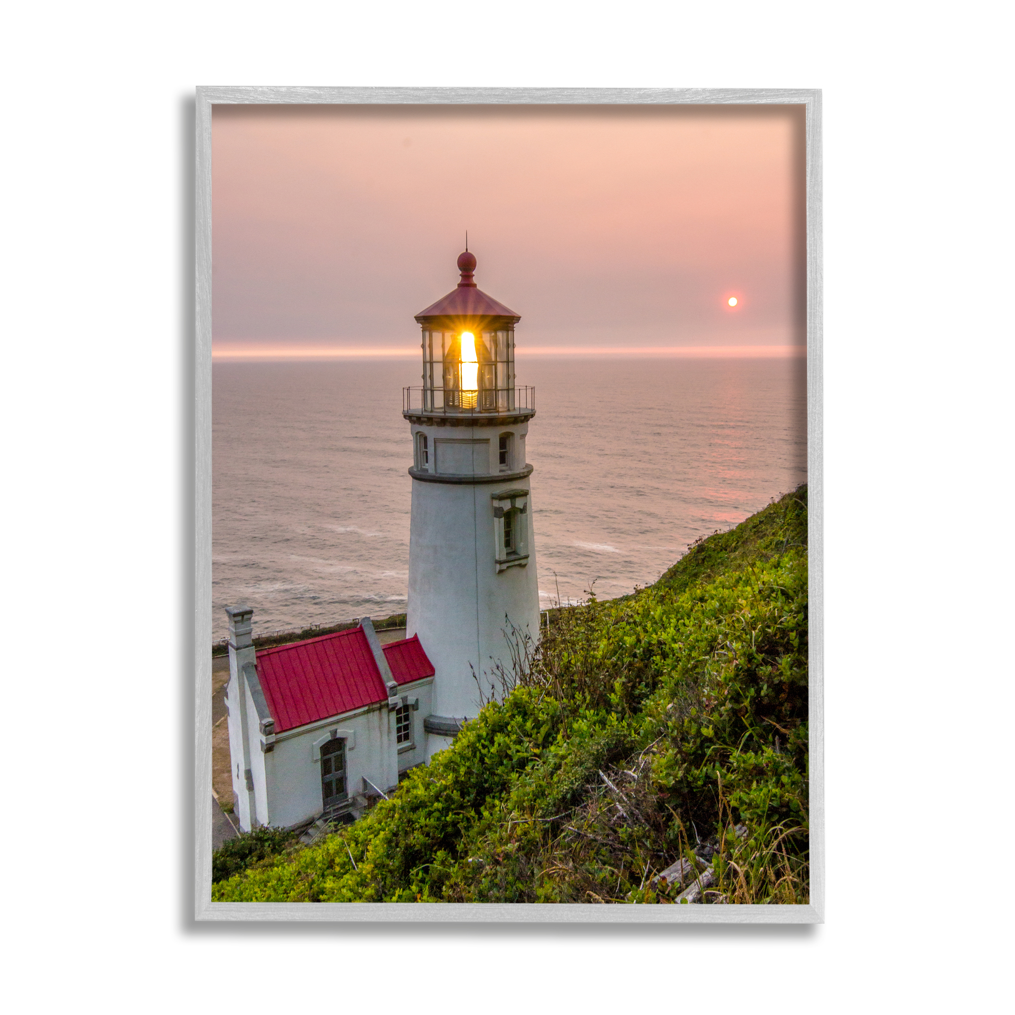 Stupell Industries Lighthouse at Sunset Nature Photography Gray Framed Art Print Wall Art, 11 x 14