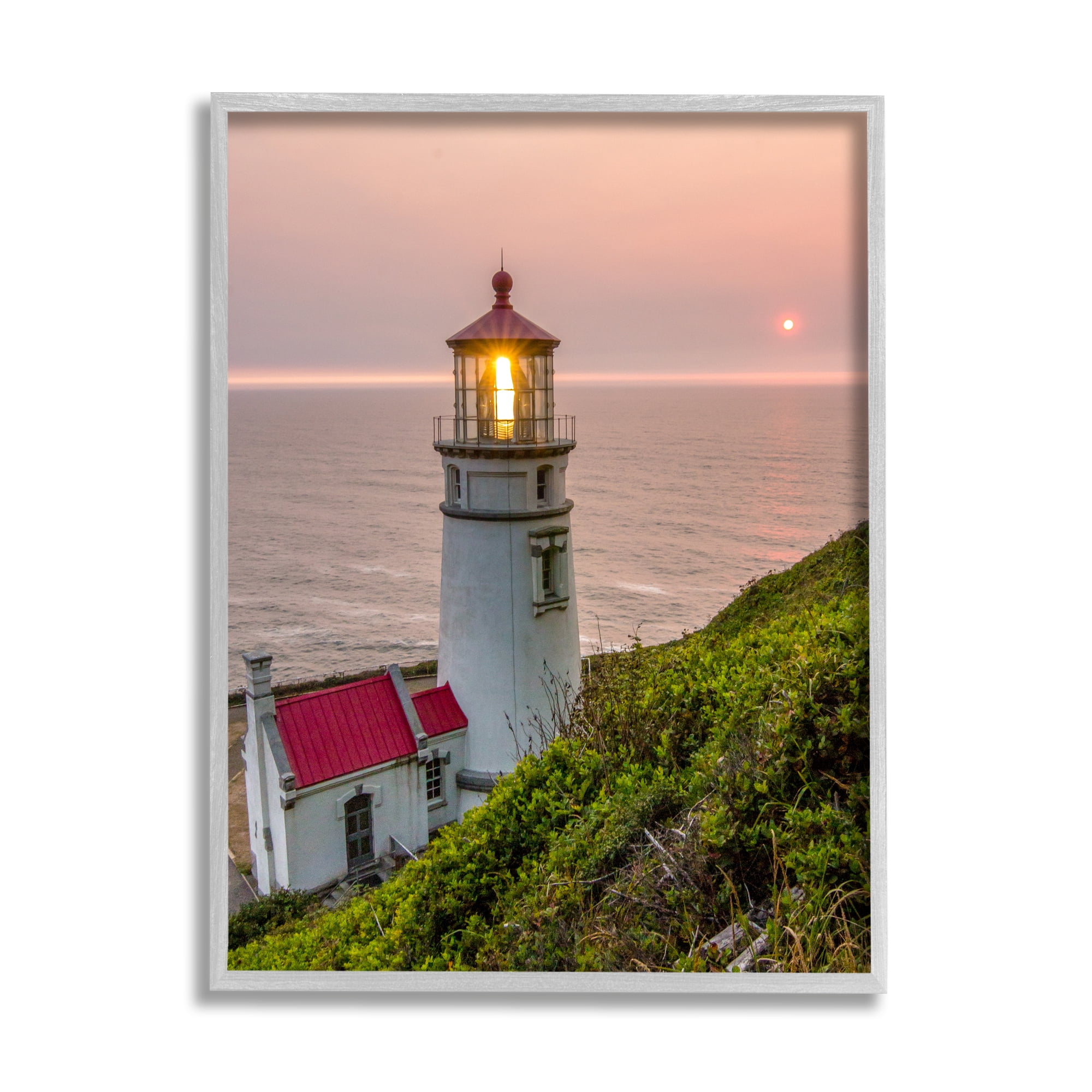 Stupell Industries Lighthouse at Sunset Nature Photography Gray Framed Art Print Wall Art, 16 x 20