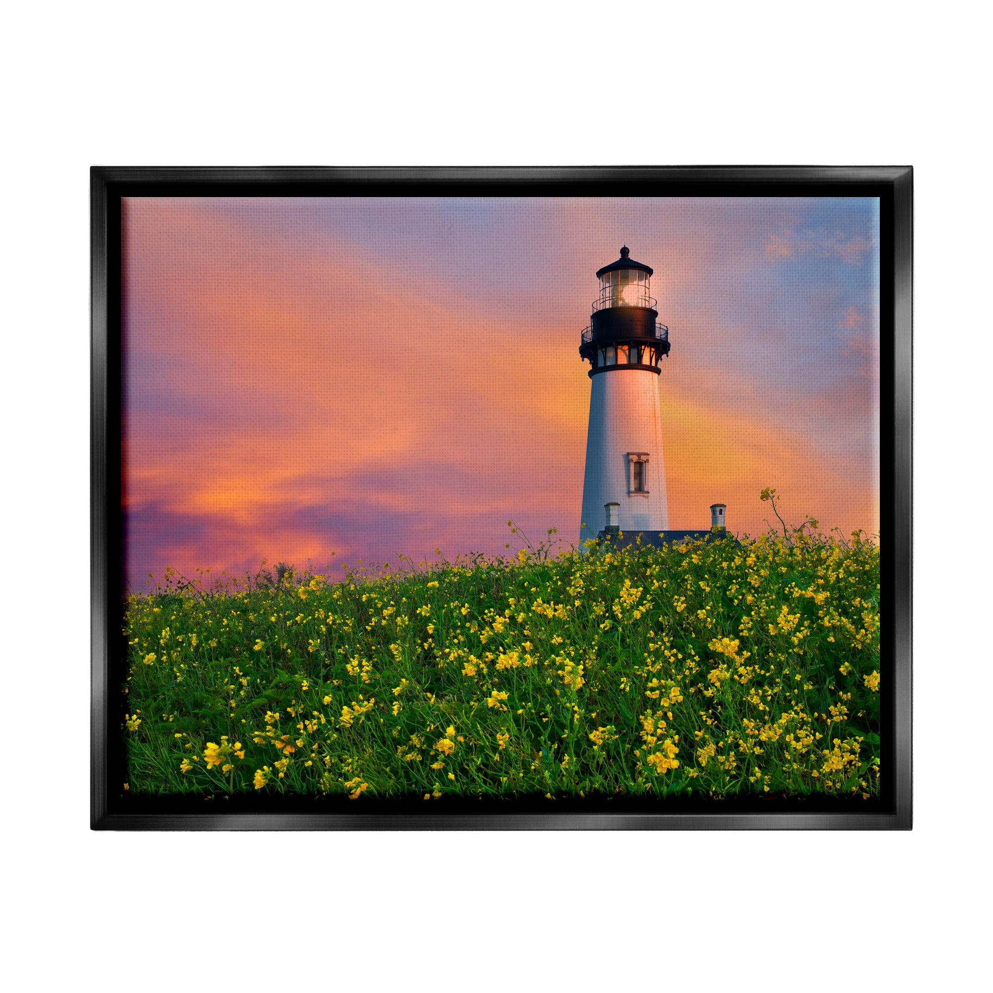 Stupell Industries Lighthouse in Meadow Sunrise Nature Photography Black Floater Framed Art Print Wall Art, 21 x 17