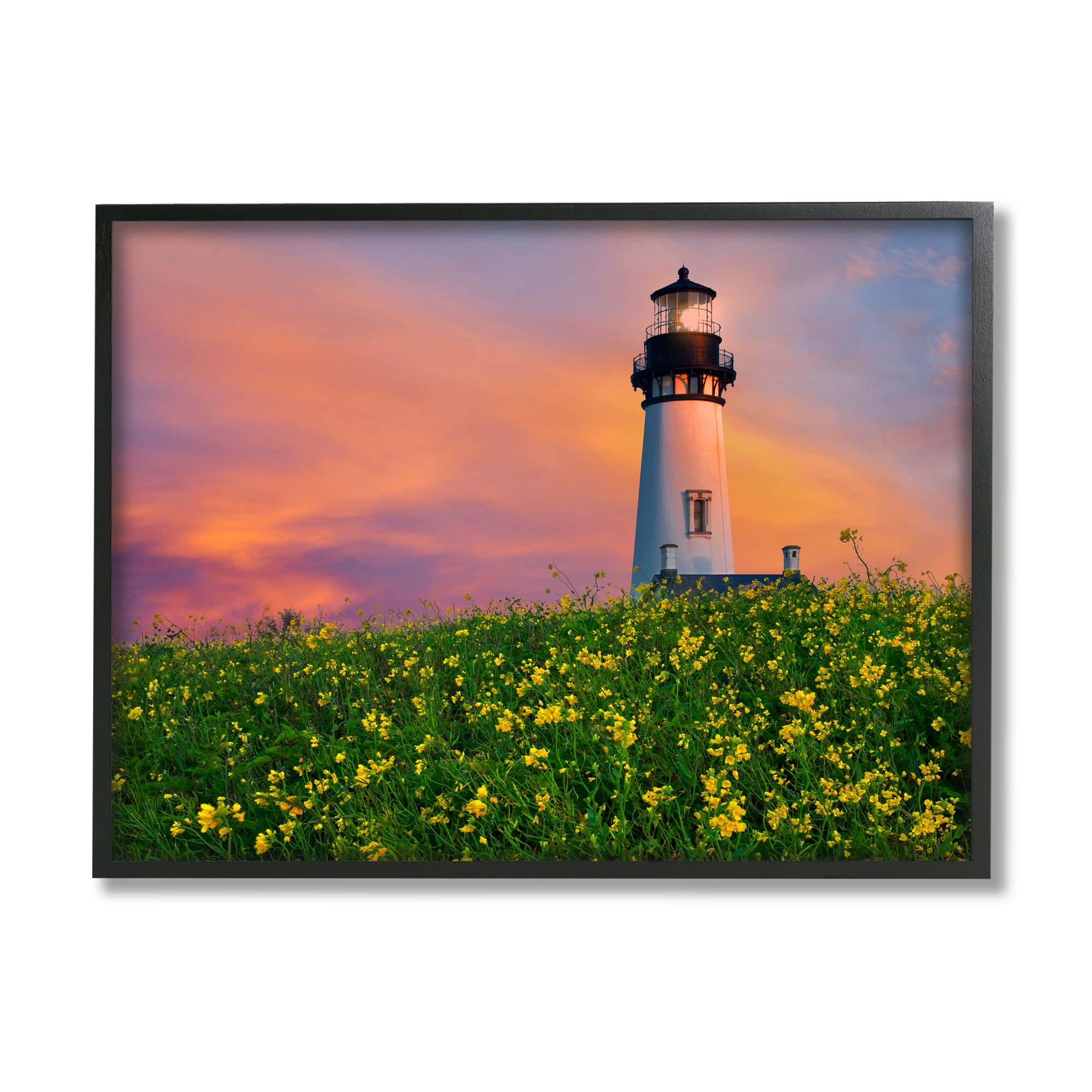 Stupell Industries Lighthouse in Meadow Sunrise Nature Photography Black Framed Art Print Wall Art, 14 x 11