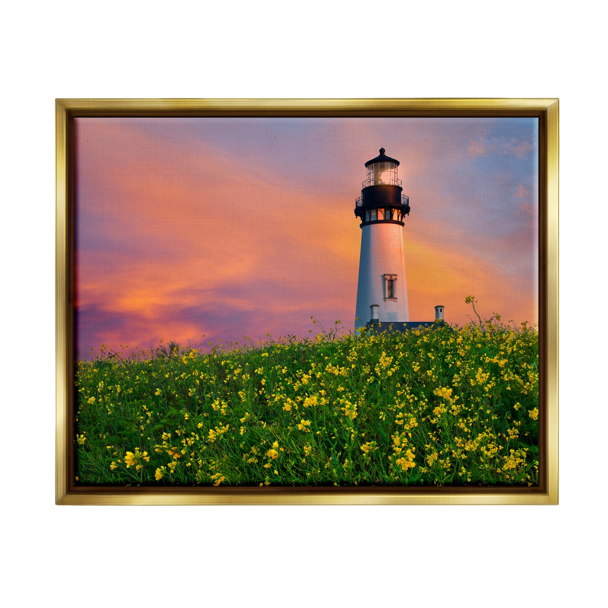Stupell Industries Lighthouse in Meadow Sunrise Nature Photography Gold Floater Framed Art Print Wall Art, 21 x 17