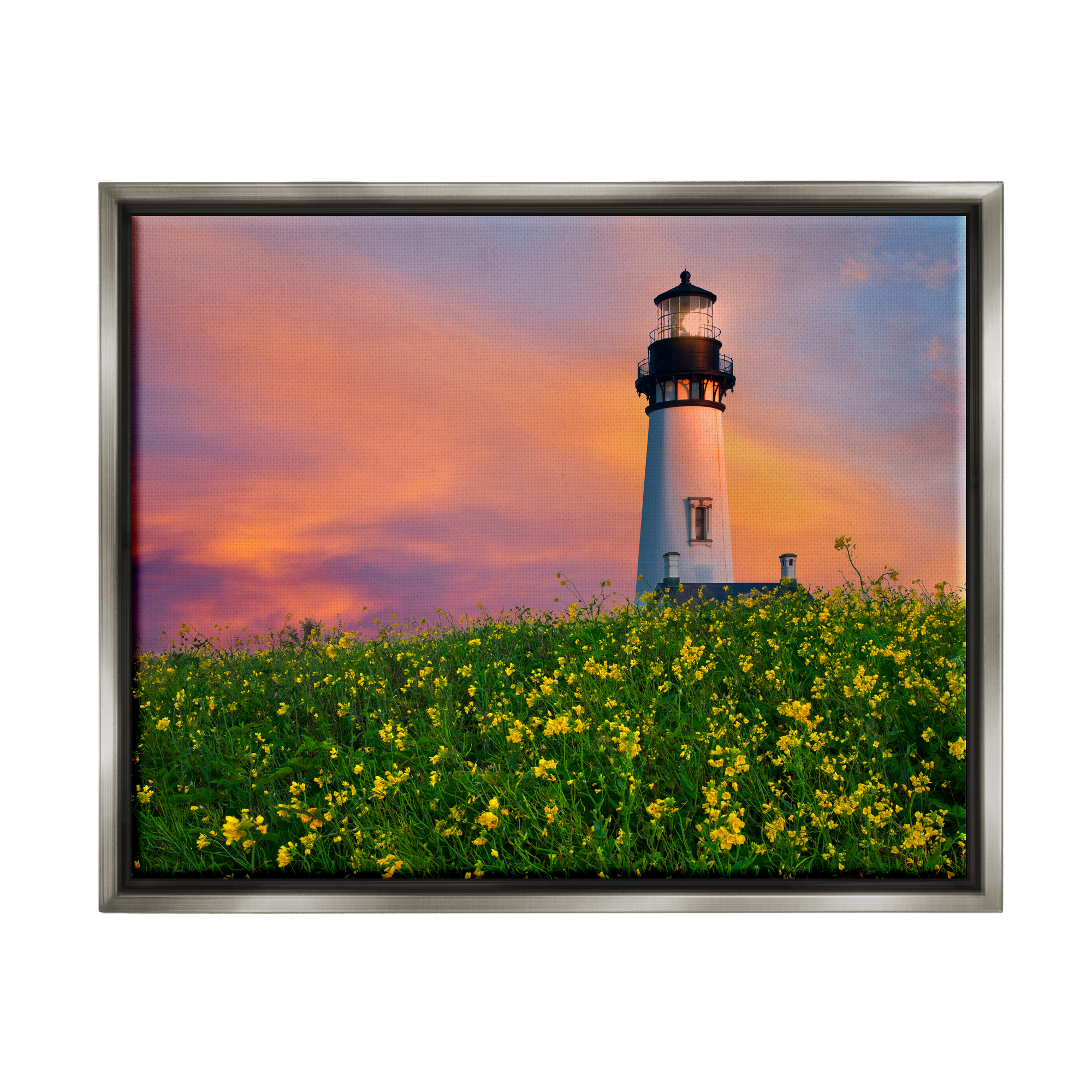 Stupell Industries Lighthouse in Meadow Sunrise Nature Photography Gray Floater Framed Art Print Wall Art, 21 x 17