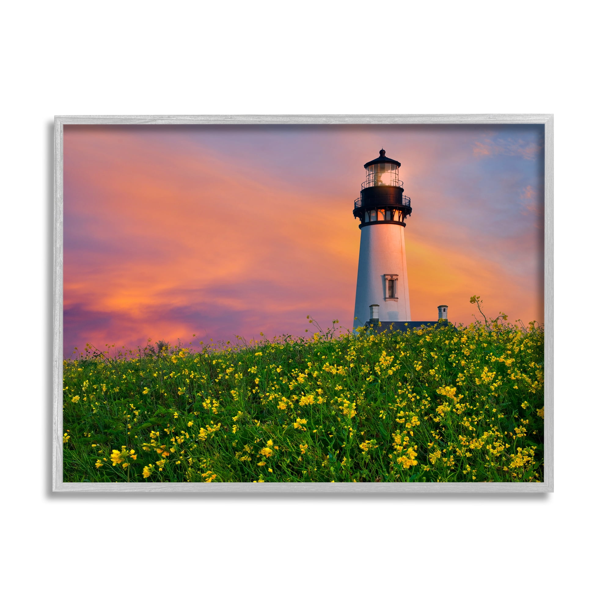 Stupell Industries Lighthouse in Meadow Sunrise Nature Photography Gray Framed Art Print Wall Art, 30 x 24