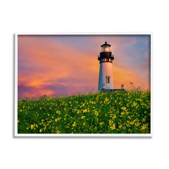 Stupell Industries Lighthouse in Meadow Sunrise Nature Photography White Framed Art Print Wall Art, 14 x 11