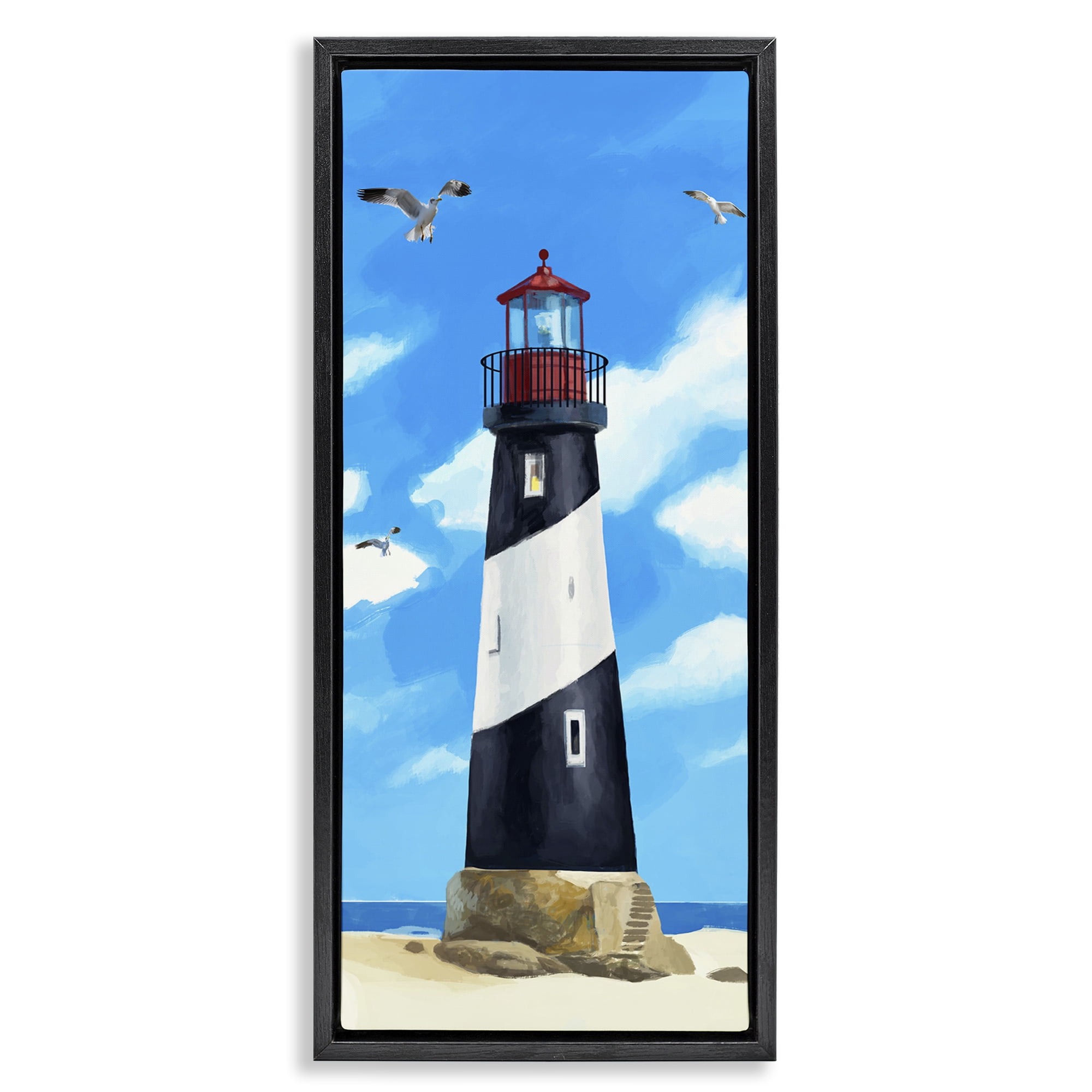 Stupell Industries Lighthouse on Beach Coastal Painting Black Floater Framed Canvas Art Print Wall Art, 11 x 25