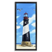 Stupell Industries Lighthouse on Beach Coastal Painting Black Floater Framed Canvas Art Print Wall Art, 11 x 25