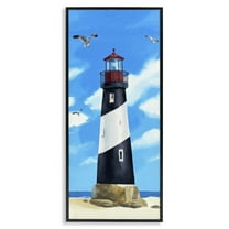 Stupell Industries Lighthouse on Beach Coastal Painting Black Framed Art Print Wall Art, 10 x 24