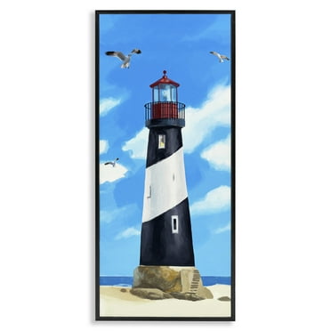 Stupell Industries Lighthouse on Beach Coastal Painting Black Framed Art Print Wall Art, 10 x 24