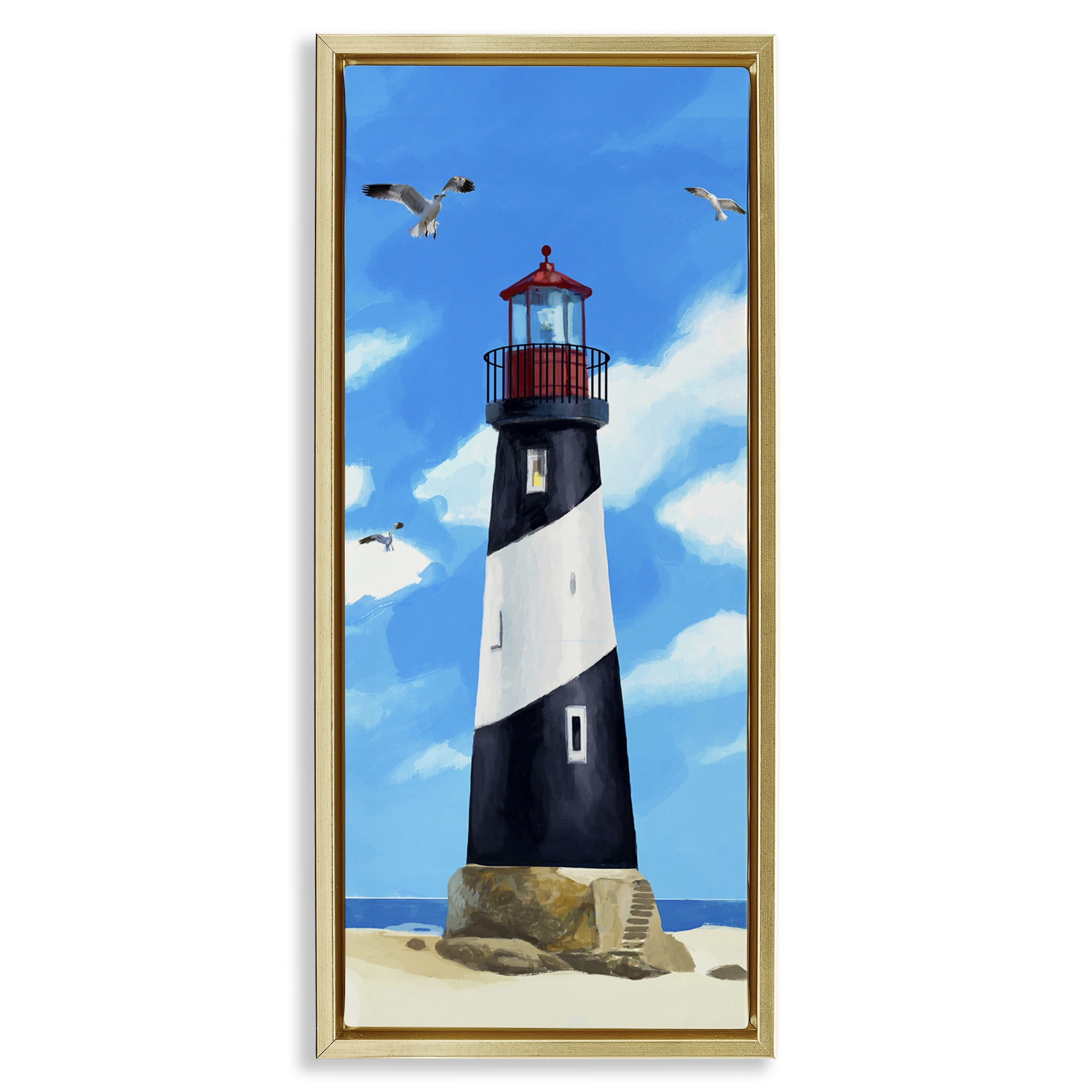 Stupell Industries Lighthouse on Beach Coastal Painting Gold Floater Framed Canvas Art Print Wall Art, 15 x 31