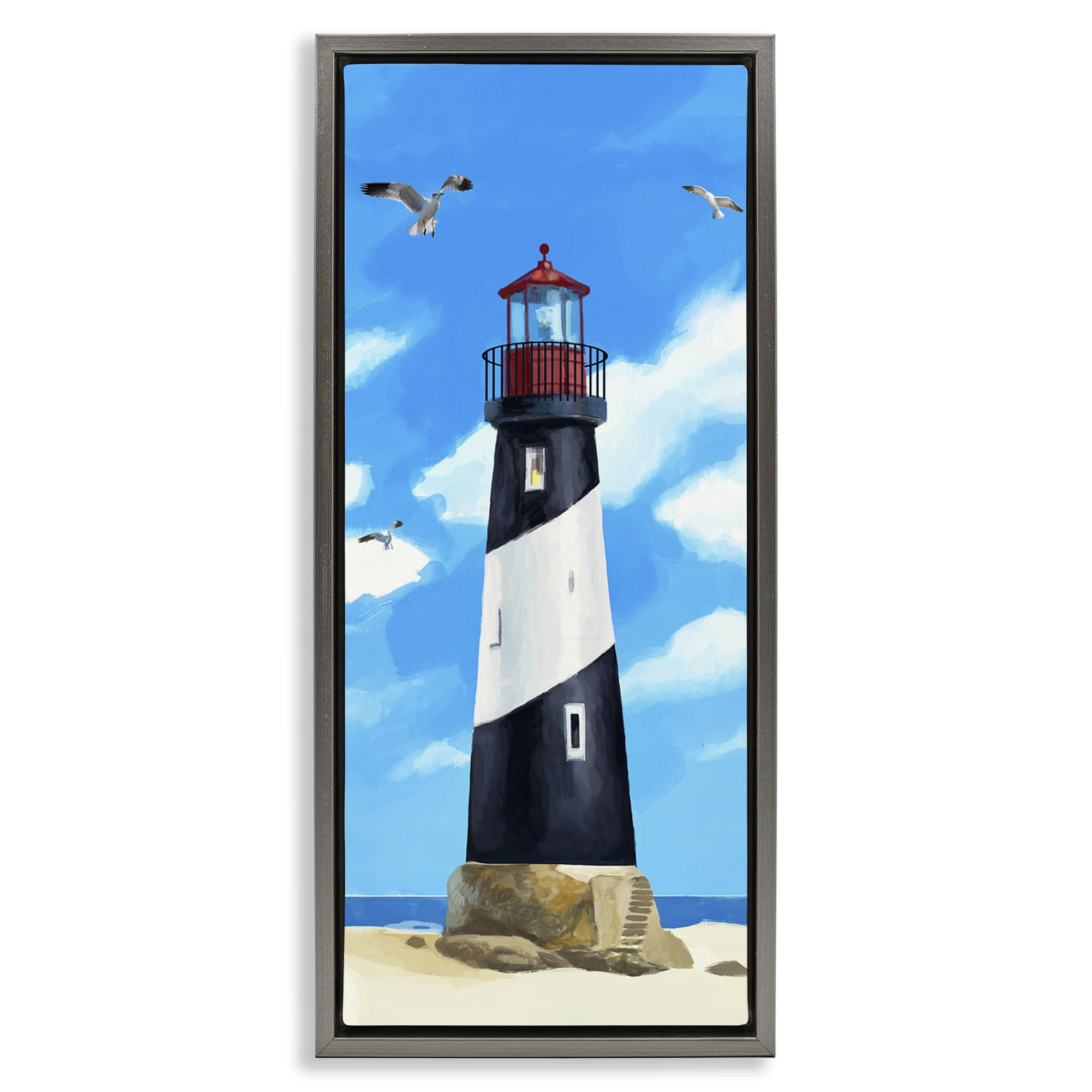 Stupell Industries Lighthouse on Beach Coastal Painting Gray Floater Framed Canvas Art Print Wall Art, 11 x 25
