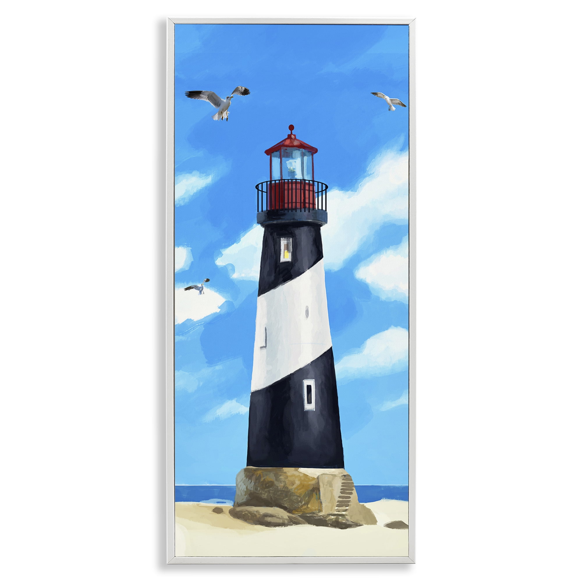 Stupell Industries Lighthouse on Beach Coastal Painting White Framed Art Print Wall Art, 10 x 24
