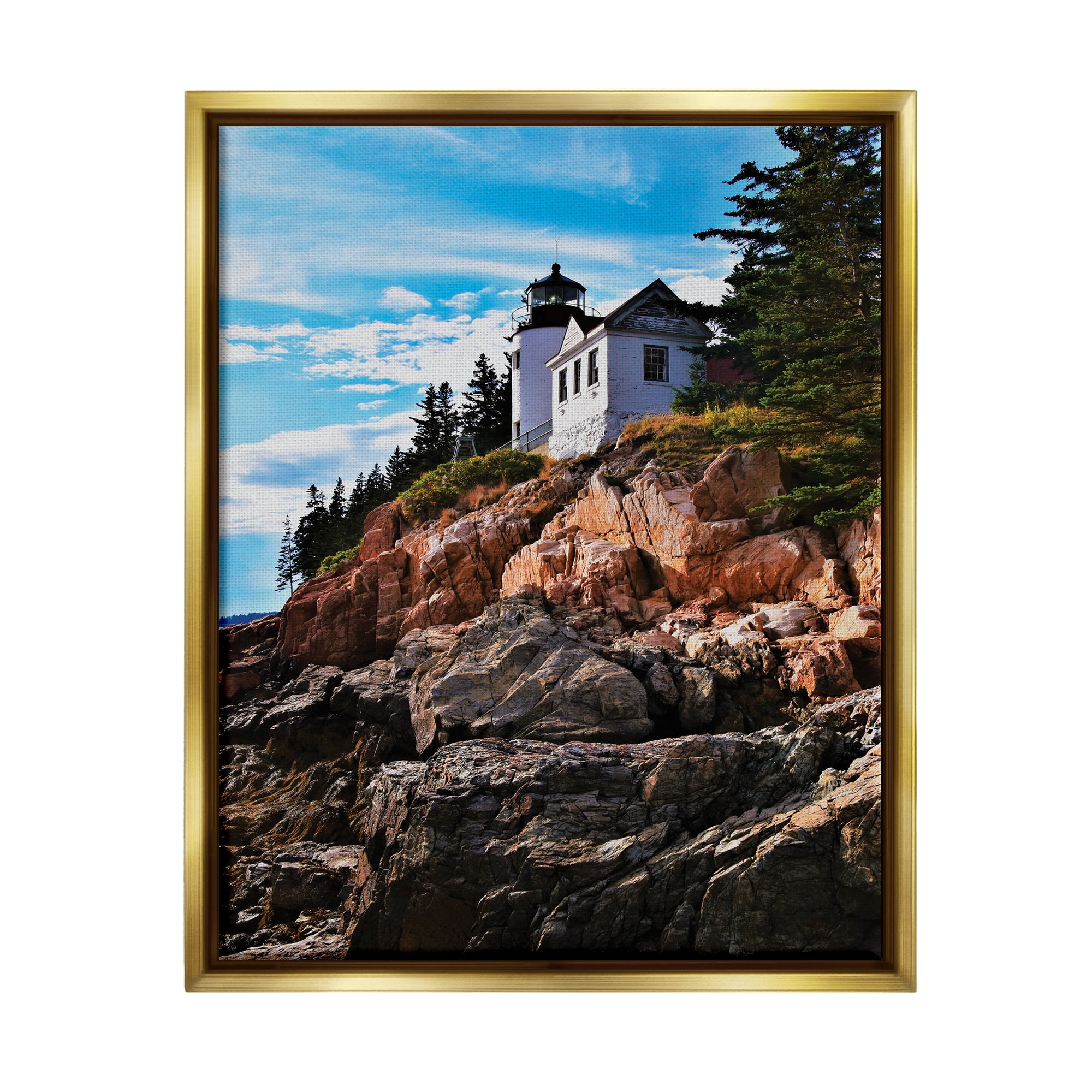 Stupell Industries Lighthouse on Cliff Nature Photography Gold Floater Framed Art Print Wall Art, 17 x 21