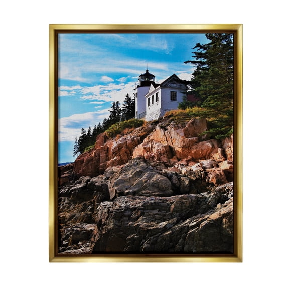 Stupell Industries Lighthouse on Cliff Nature Photography Gold Floater Framed Art Print Wall Art, 17 x 21