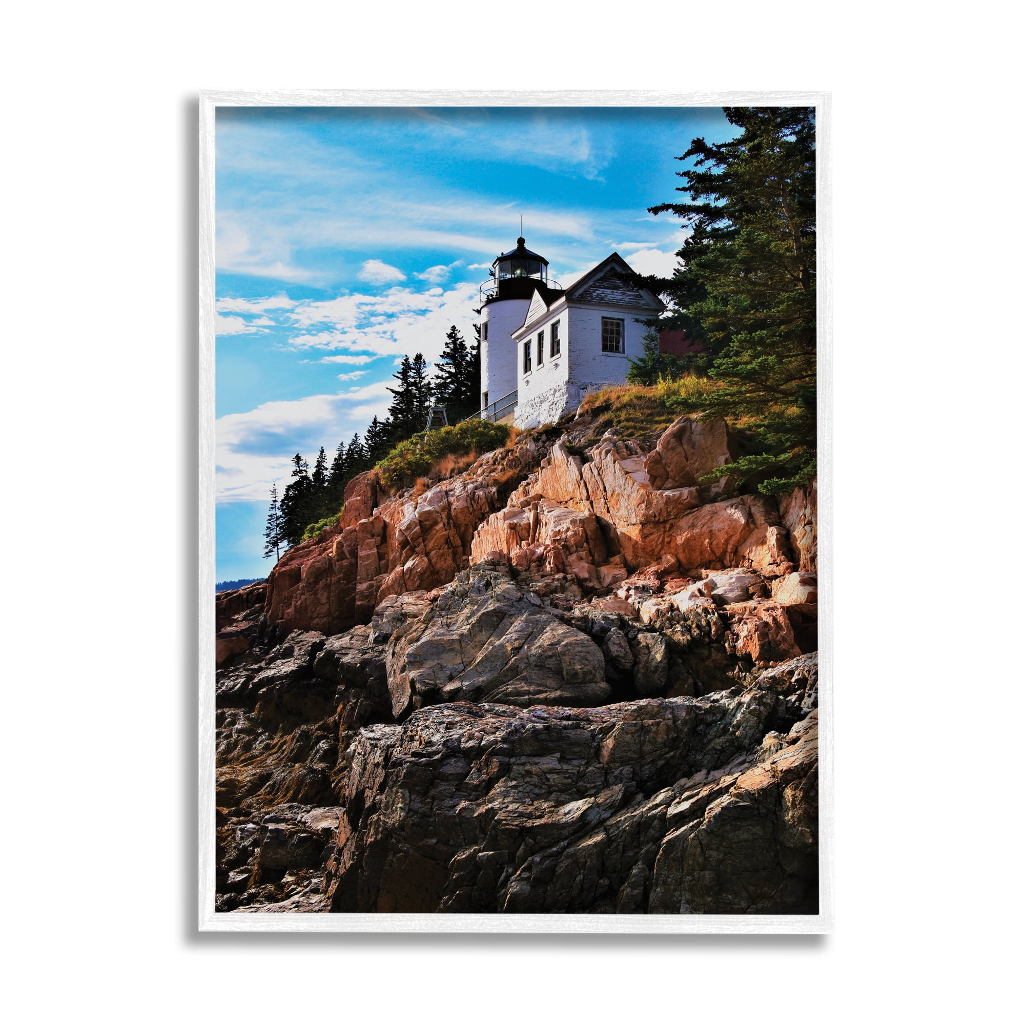 Stupell Industries Lighthouse on Cliff Nature Photography White Framed Art Print Wall Art, 16 x 20