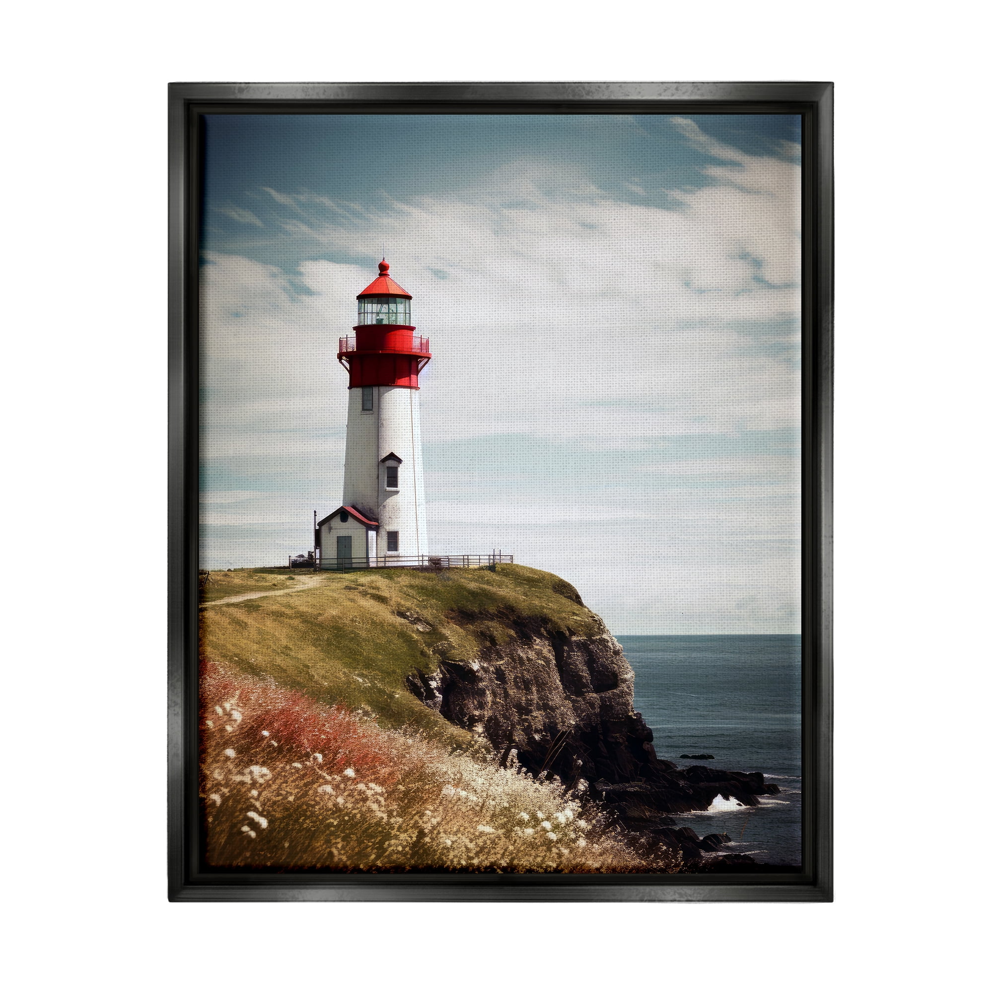 Stupell Industries Lighthouse on High Cliff Landscape Photography Black Floater Framed Canvas Art Print Wall Art, 25 x 31