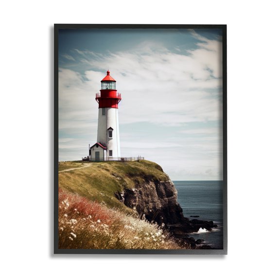 Stupell Industries Lighthouse on High Cliff Landscape Photography Black Framed Art Print Wall Art, 24 x 30