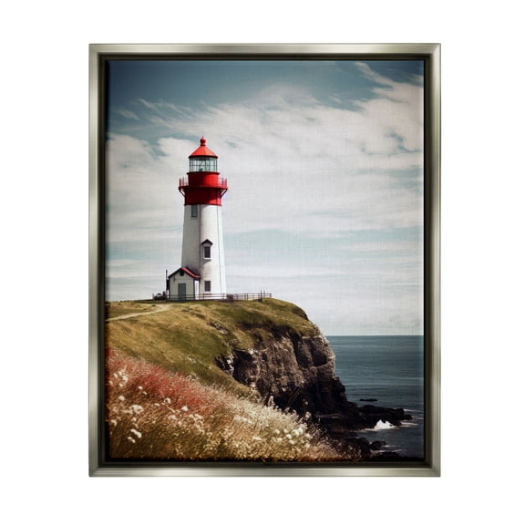 Stupell Industries Lighthouse on High Cliff Landscape Photography Gray Floater Framed Canvas Art Print Wall Art, 25 x 31