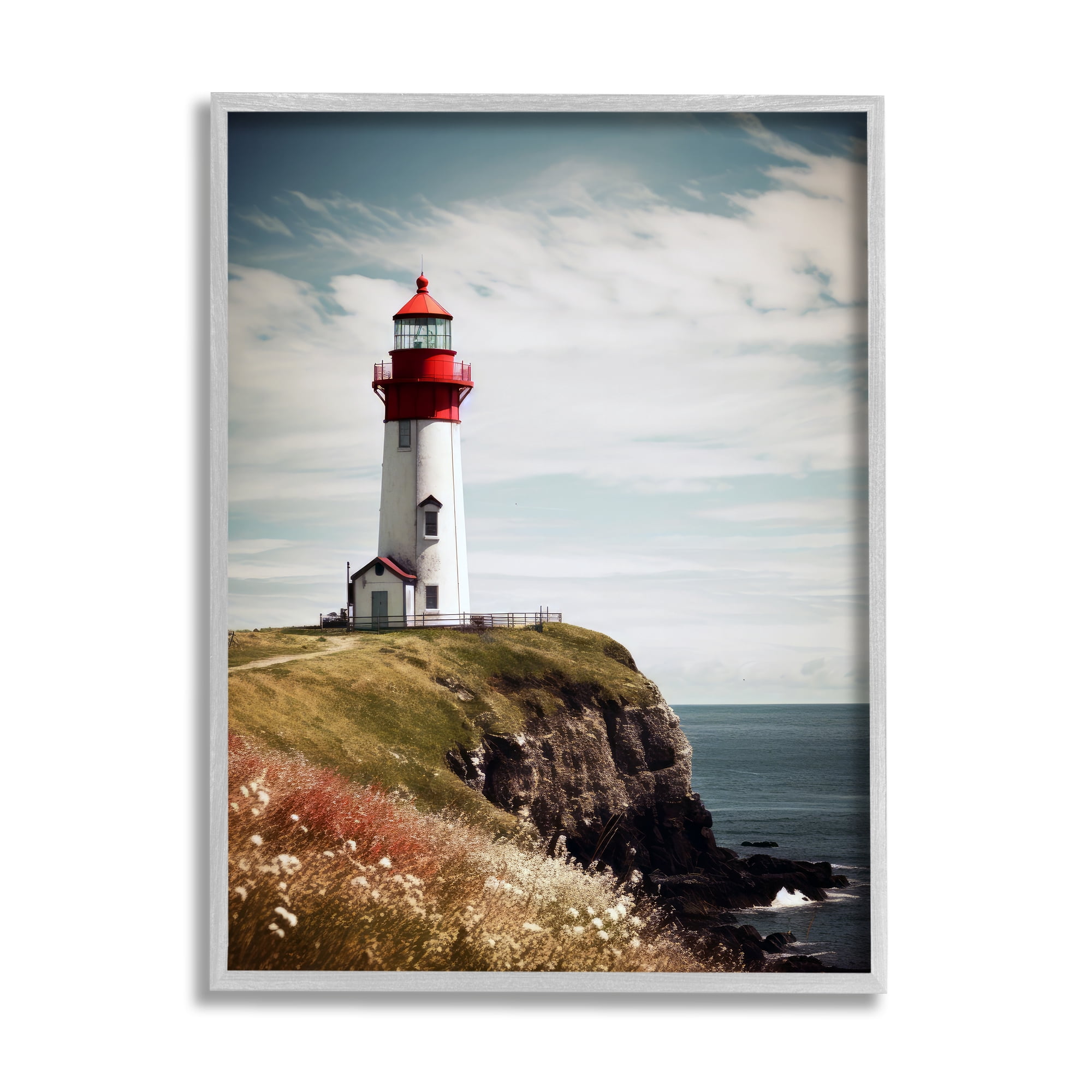 Stupell Industries Lighthouse on High Cliff Landscape Photography Gray Framed Art Print Wall Art, 16 x 20