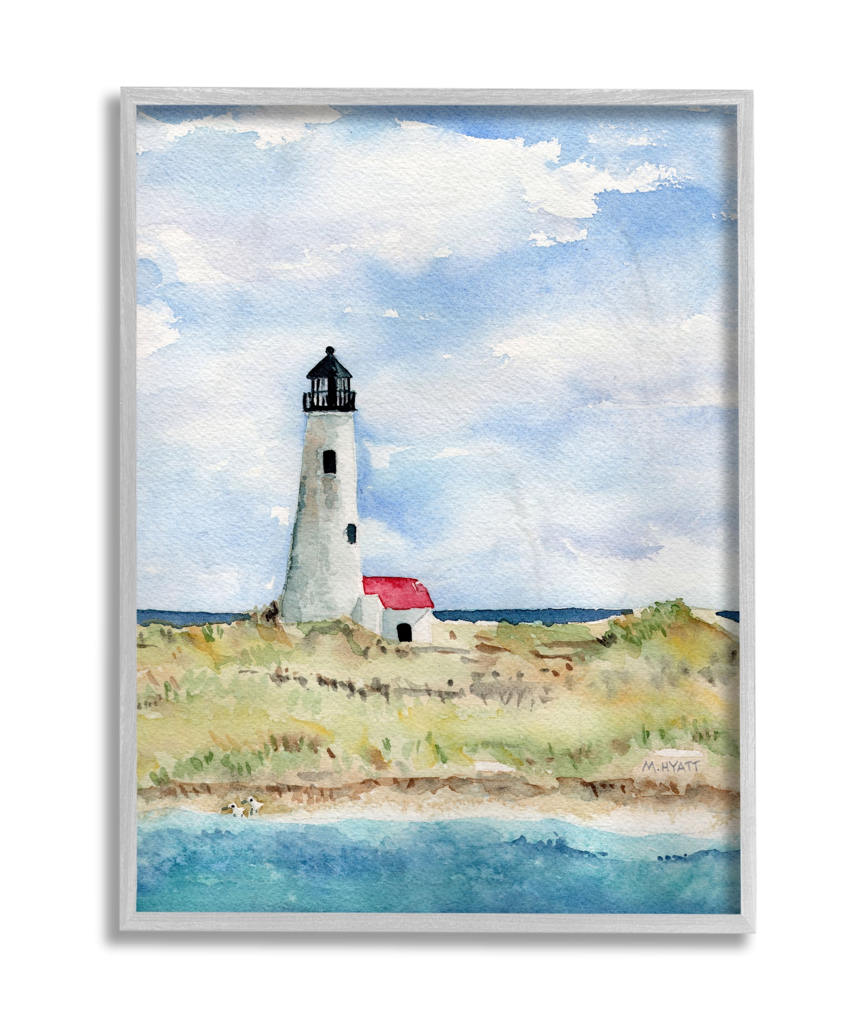 Stupell Industries Lighthouse on Peninsula Soft Coastal Landscape Grey Framed, 16 x 20, Design by Melissa Hyatt LLC