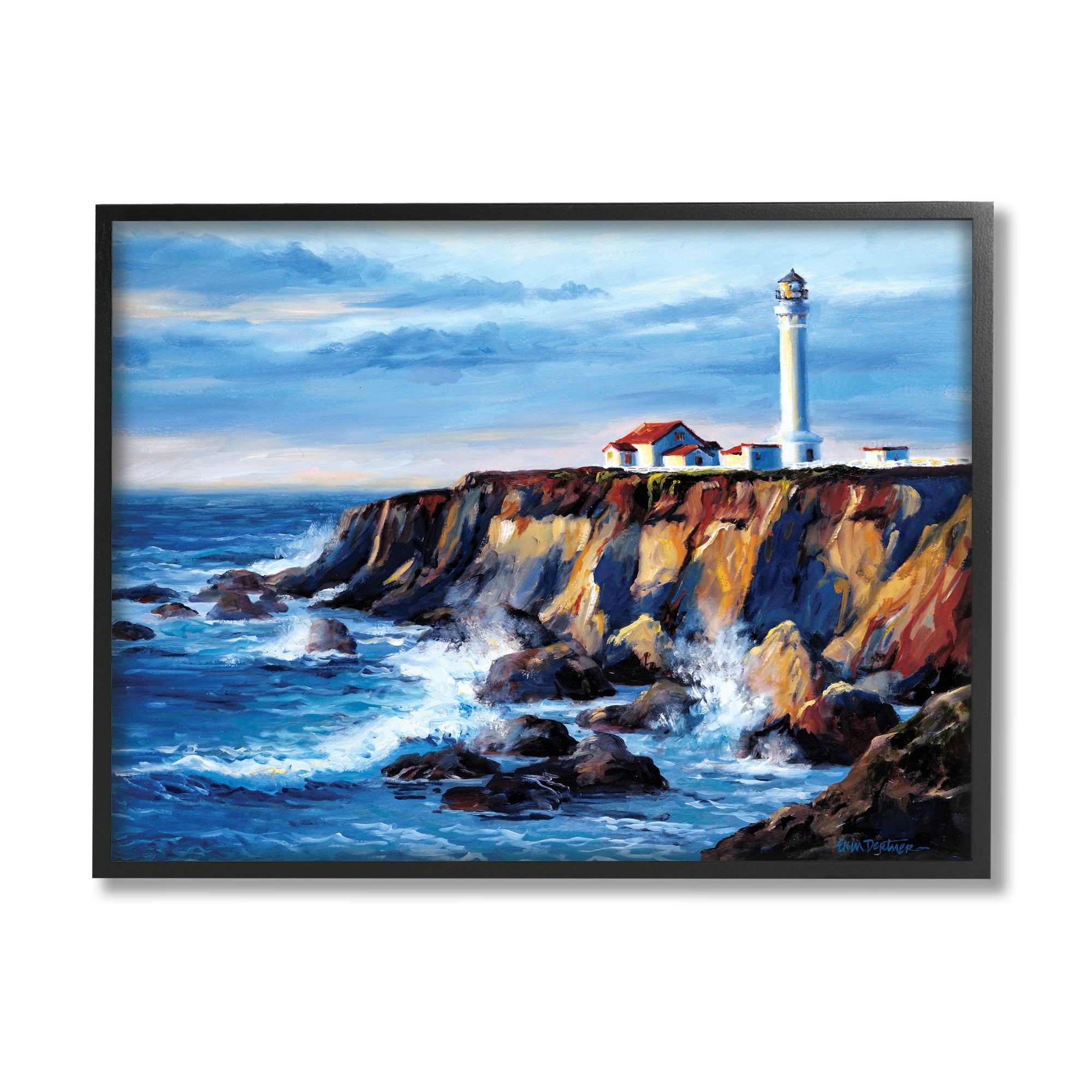 Stupell Industries Lighthouse on Sea Cliff Nature Painting Black Framed Art Print Wall Art, 14 x 11