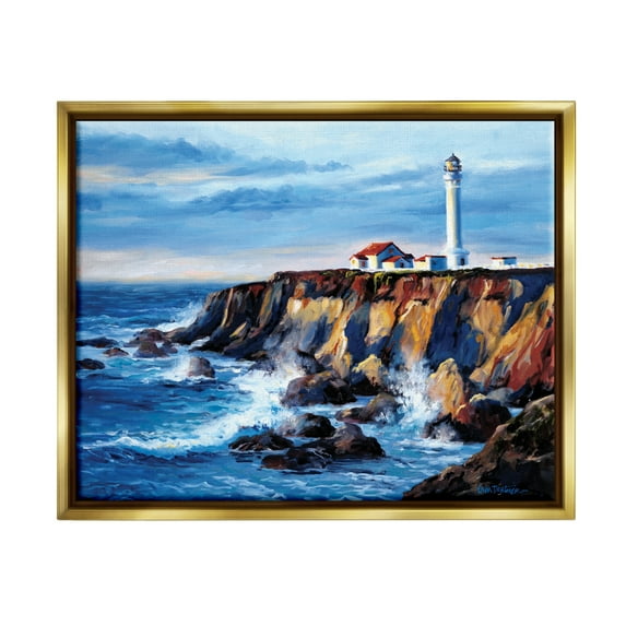 Stupell Industries Lighthouse on Sea Cliff Nature Painting Gold Floater Framed Canvas Art Print Wall Art, 31 x 25