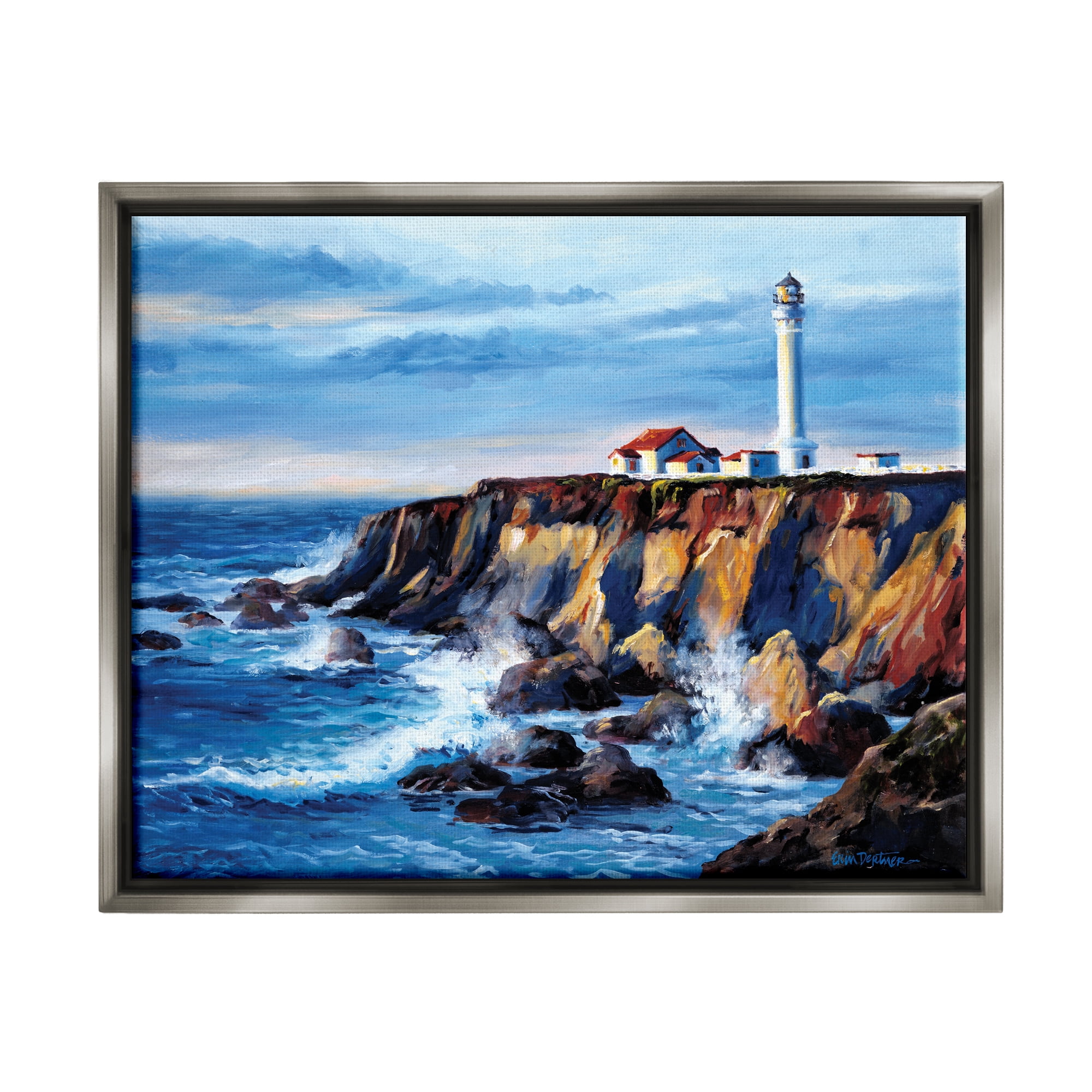 Stupell Industries Lighthouse on Sea Cliff Nature Painting Gray Floater Framed Canvas Art Print Wall Art, 31 x 25