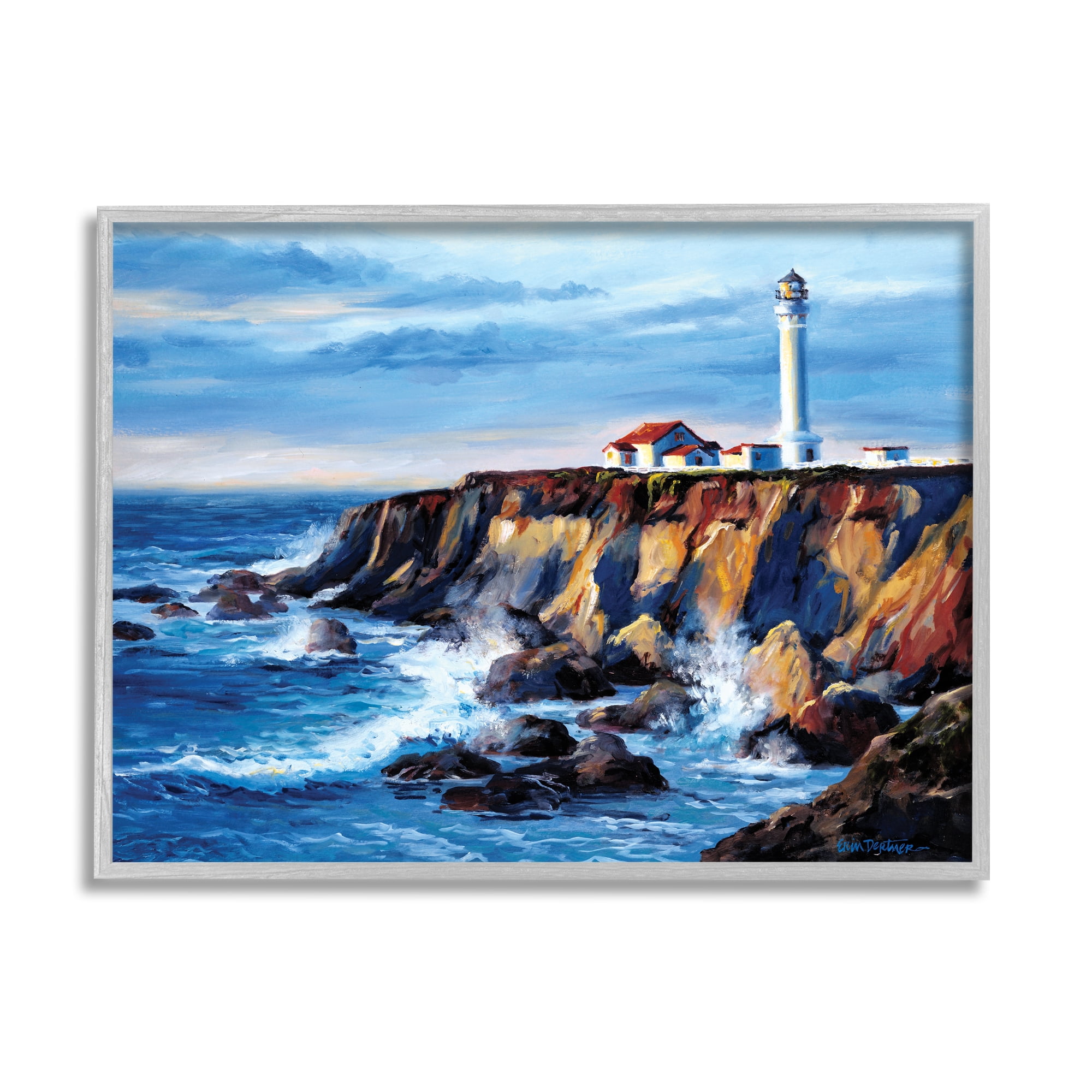 Stupell Industries Lighthouse on Sea Cliff Nature Painting Gray Framed Art Print Wall Art, 30 x 24