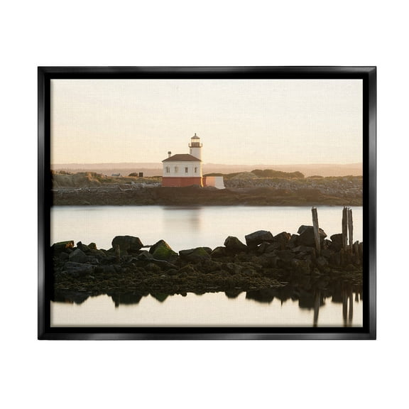 Stupell Industries Lighthouse with Soft Sunlight Landscape Photography Black Floater Framed Canvas Art Print Wall Art, 21 x 17