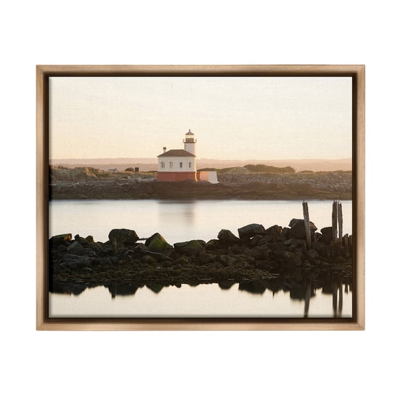 Stupell Industries Lighthouse with Soft Sunlight Landscape Photography Brown Floater Framed Canvas Art Print Wall Art, 21 x 17