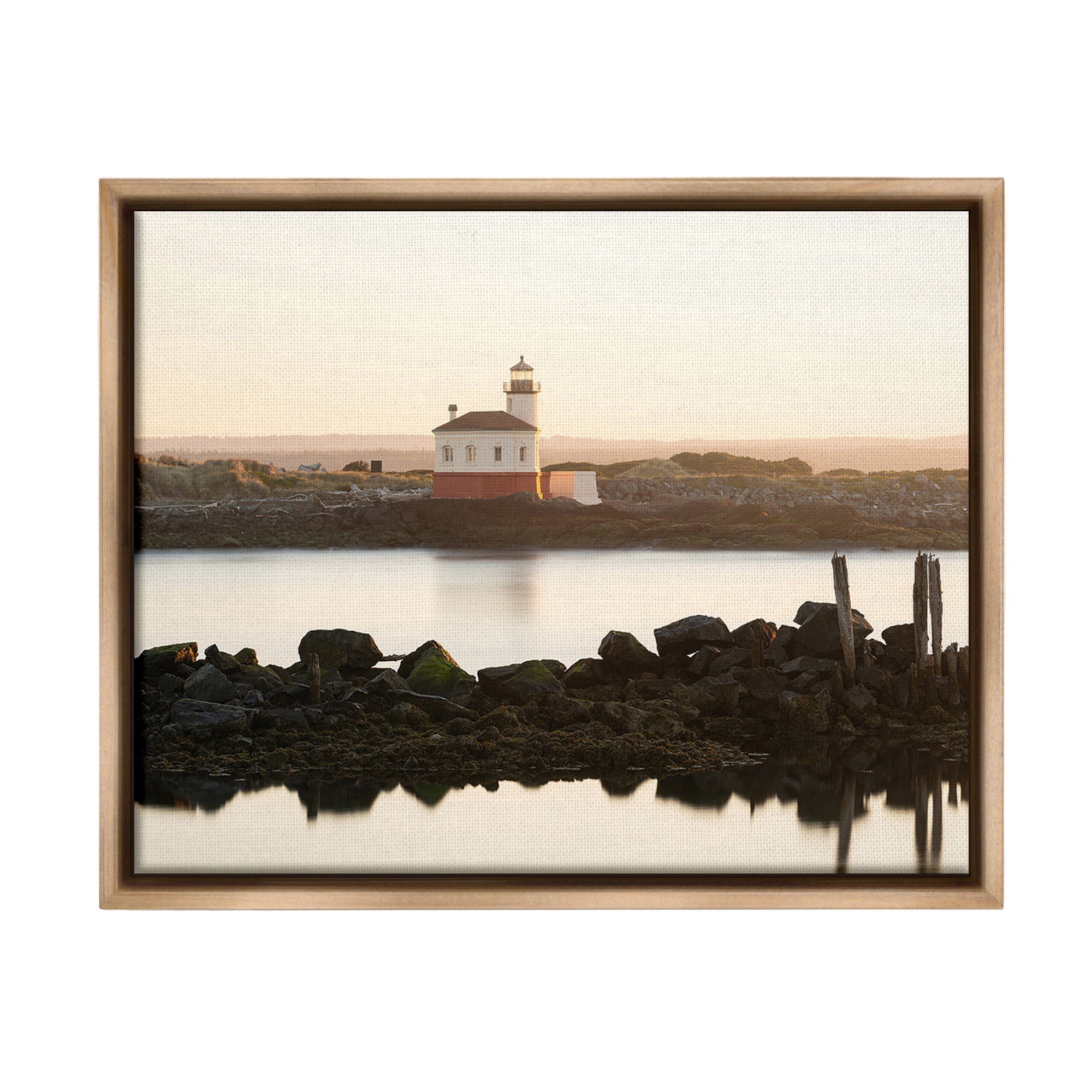 Stupell Industries Lighthouse with Soft Sunlight Landscape Photography Brown Floater Framed Canvas Art Print Wall Art, 31 x 25