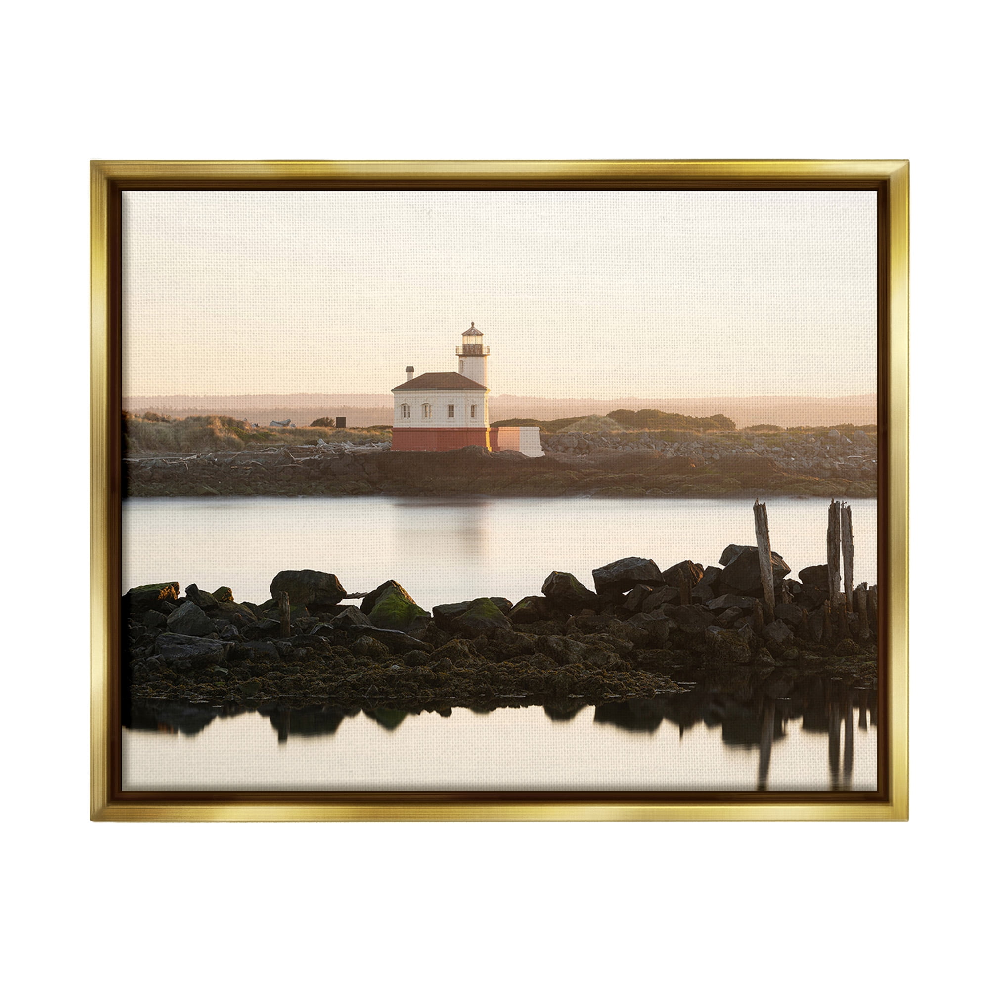 Stupell Industries Lighthouse with Soft Sunlight Landscape Photography Gold Floater Framed Canvas Art Print Wall Art, 21 x 17