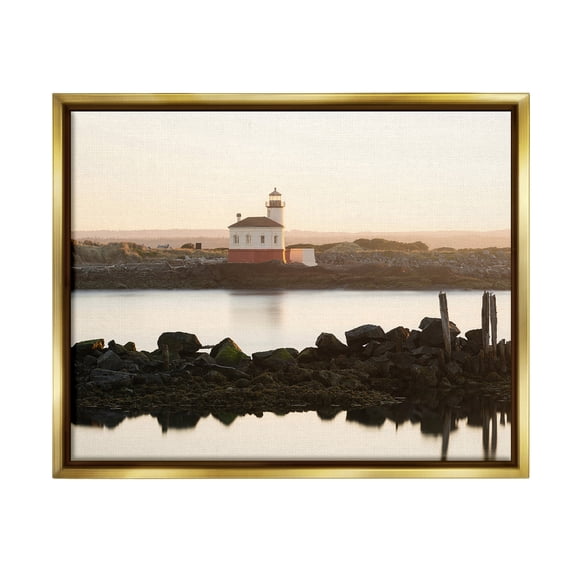 Stupell Industries Lighthouse with Soft Sunlight Landscape Photography Gold Floater Framed Canvas Art Print Wall Art, 21 x 17