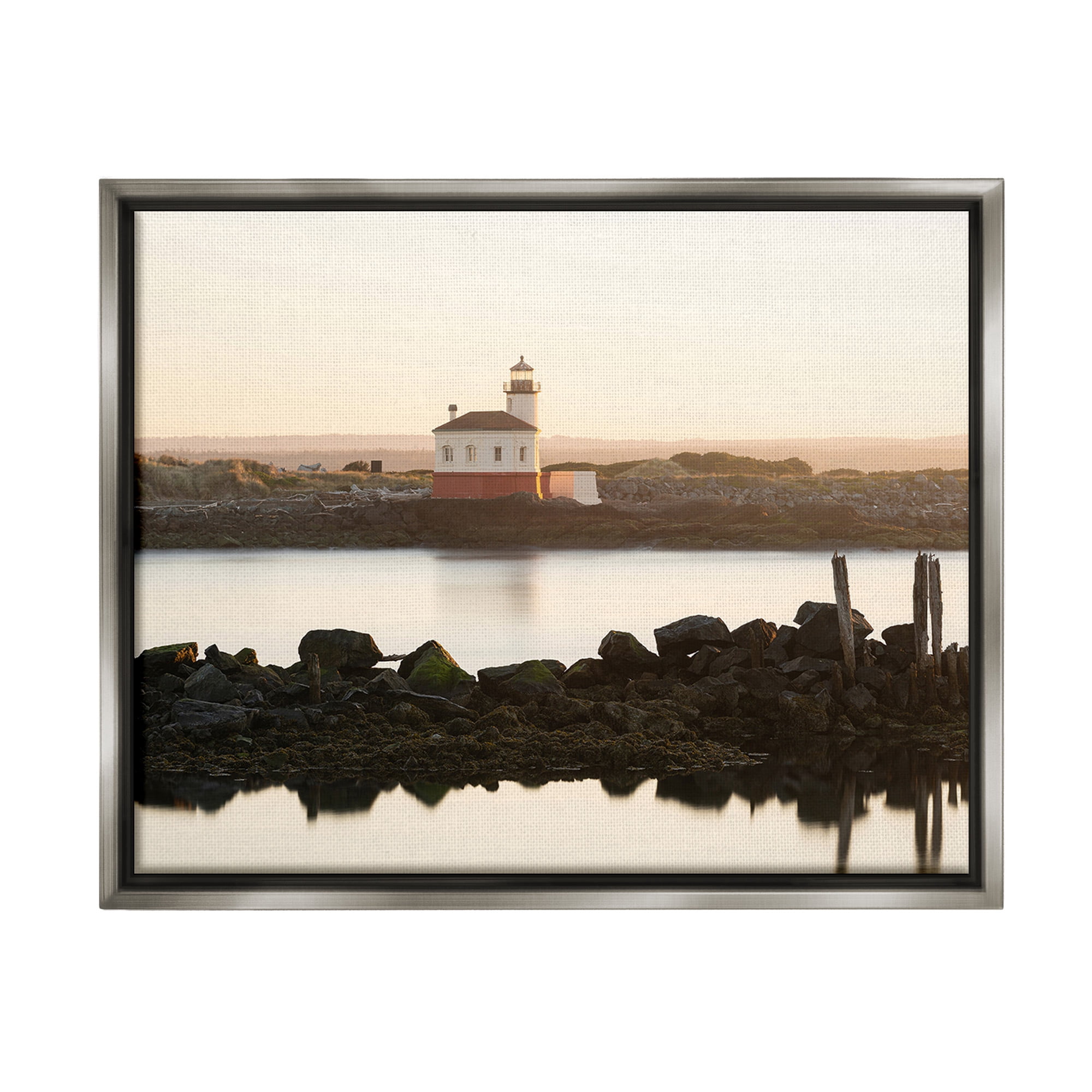 Stupell Industries Lighthouse with Soft Sunlight Landscape Photography Gray Floater Framed Canvas Art Print Wall Art, 21 x 17