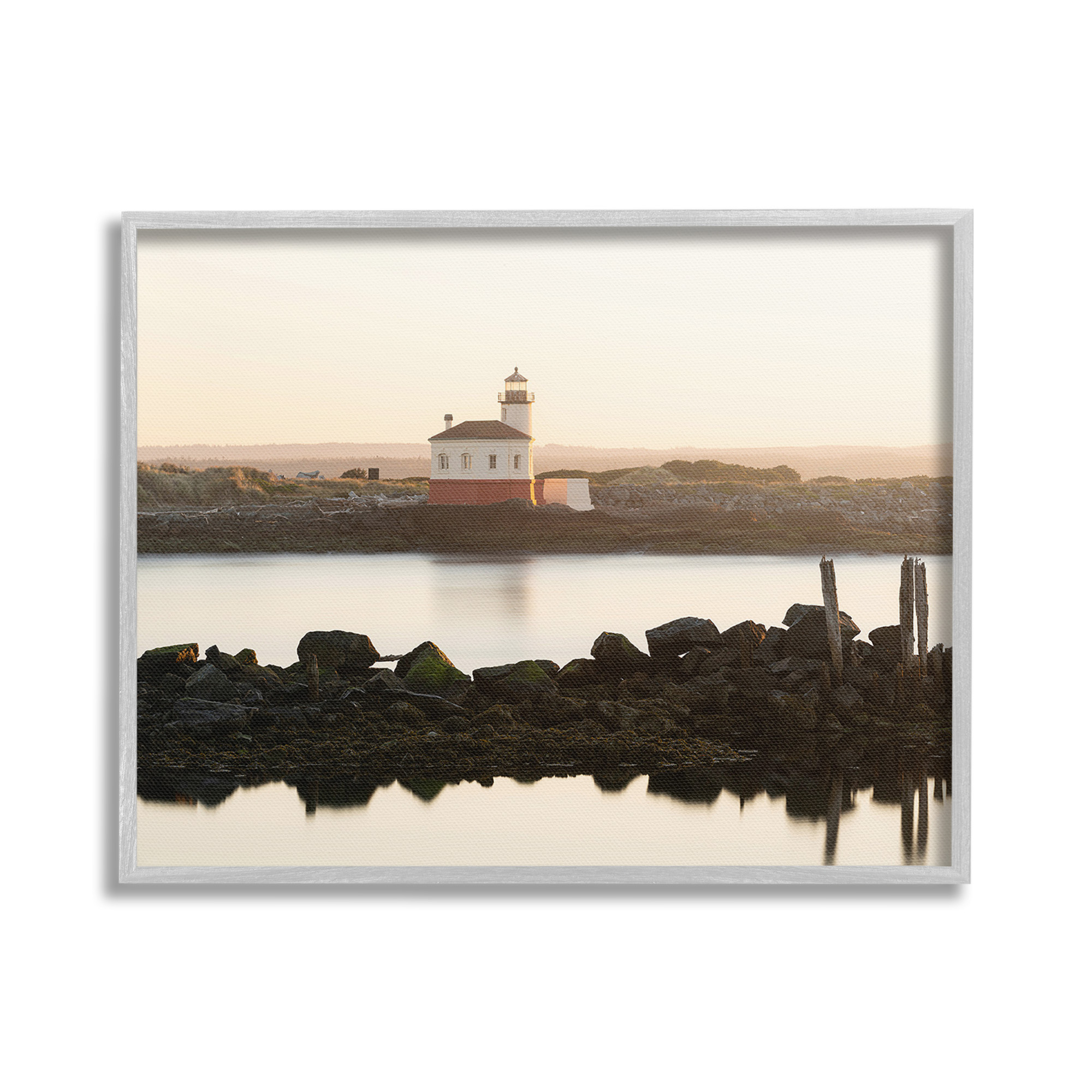 Stupell Industries Lighthouse with Soft Sunlight Landscape Photography Gray Framed Art Print Wall Art, 20 x 16