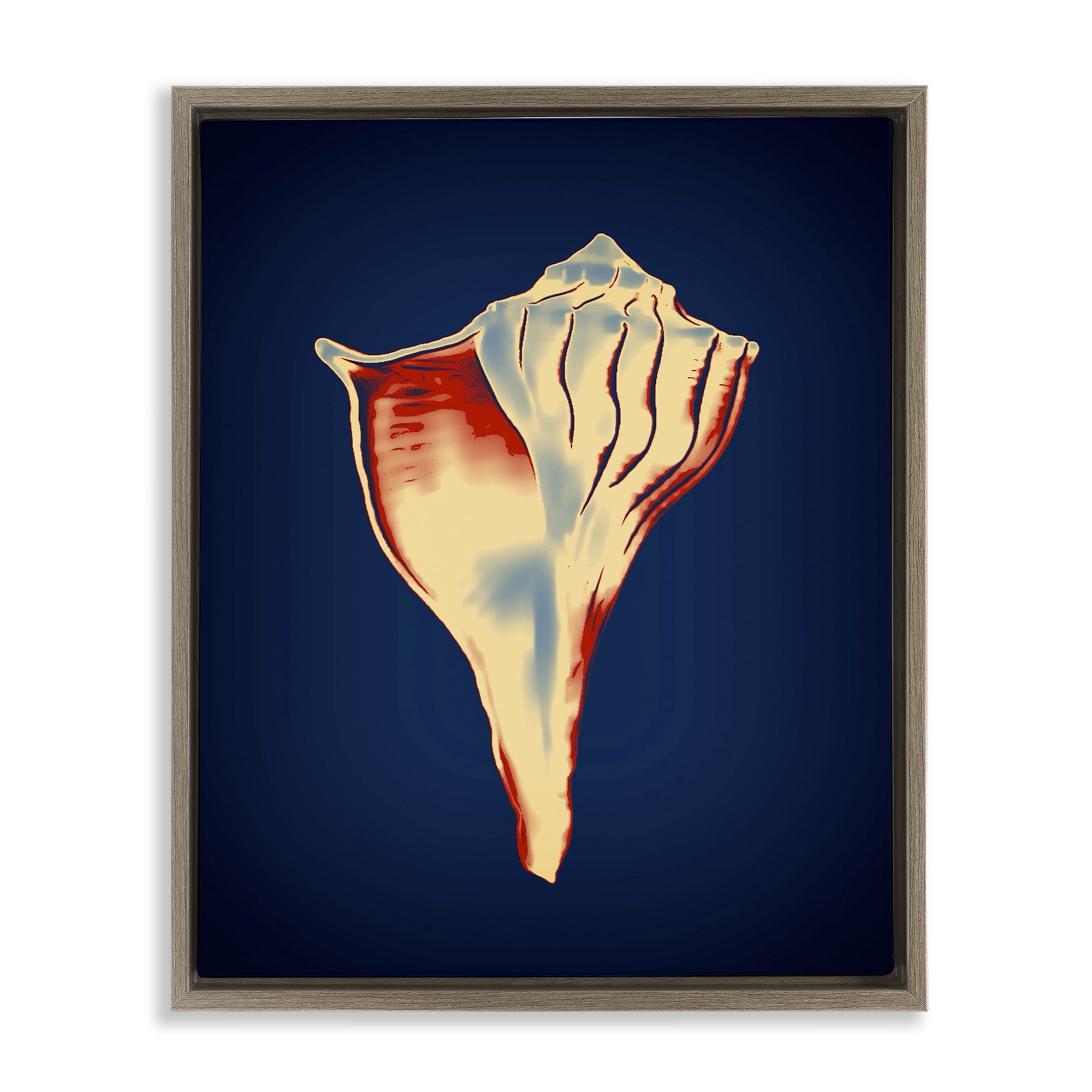 Stupell Industries Lightning Whelk on Blue Nautical & Beach Painting Brown Floater Framed Canvas Art Print Wall Art, 17 x 21