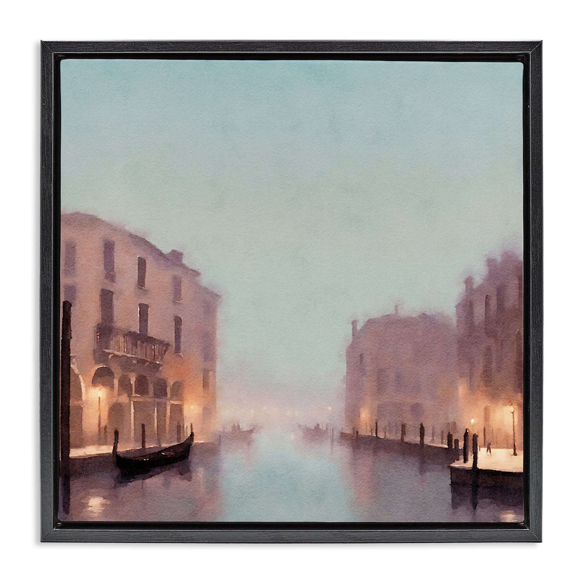 Stupell Industries Lights In Misty Canal Buildings & Architecture Painting Black Floater Framed Canvas Art Print Wall Art, 18 x 18