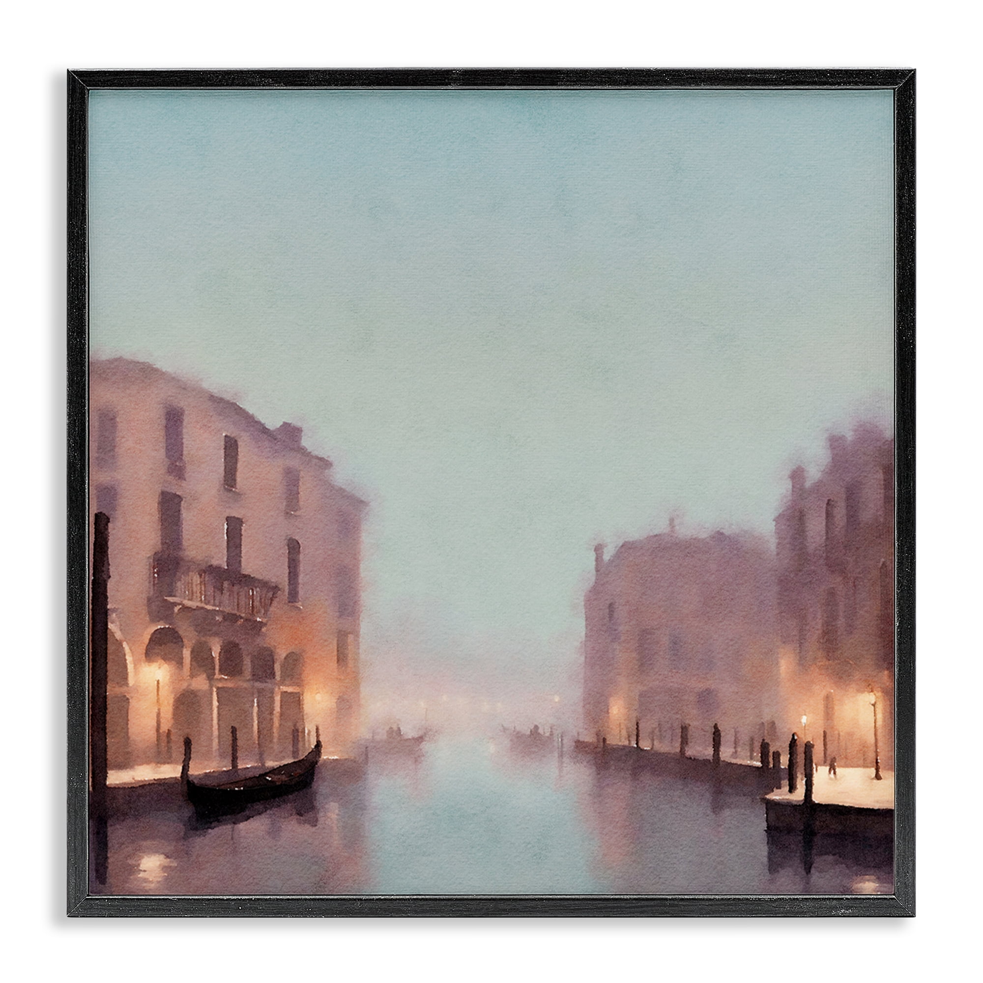 Stupell Industries Lights In Misty Canal Buildings & Architecture Painting Black Framed Art Print Wall Art, 24 x 24